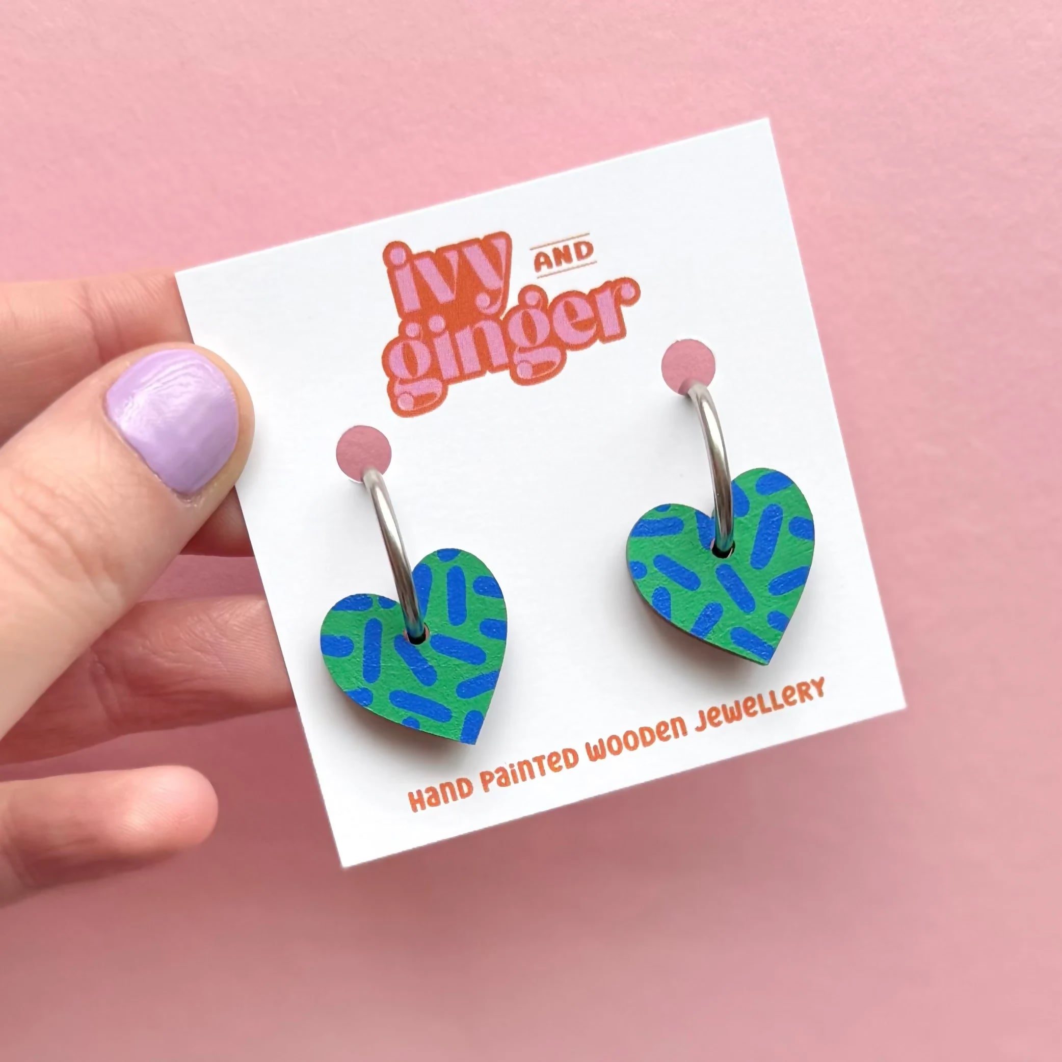 Hand Painted Green and Blue Dash Print Small Heart Hoop