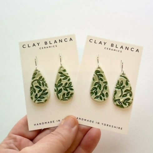 Dark Green Leaf Pattern Teardrop Dangles