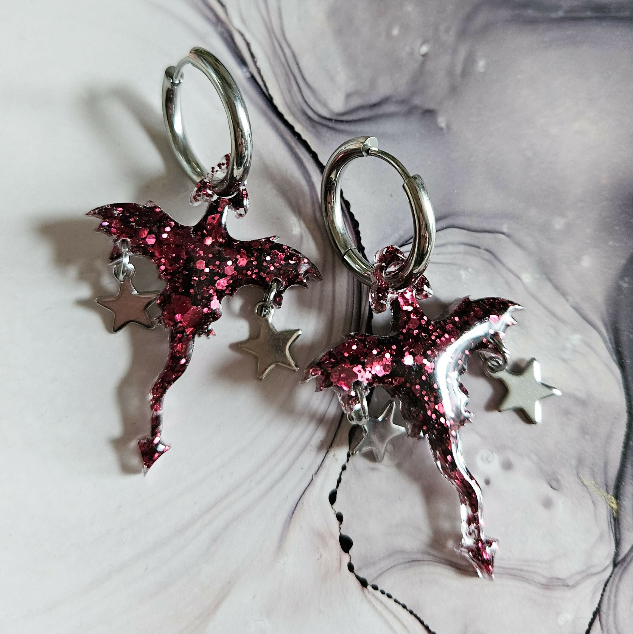 Handmade Burgundy Glitter Resin Dragons And Star Charms Chunk Hoops Earrings