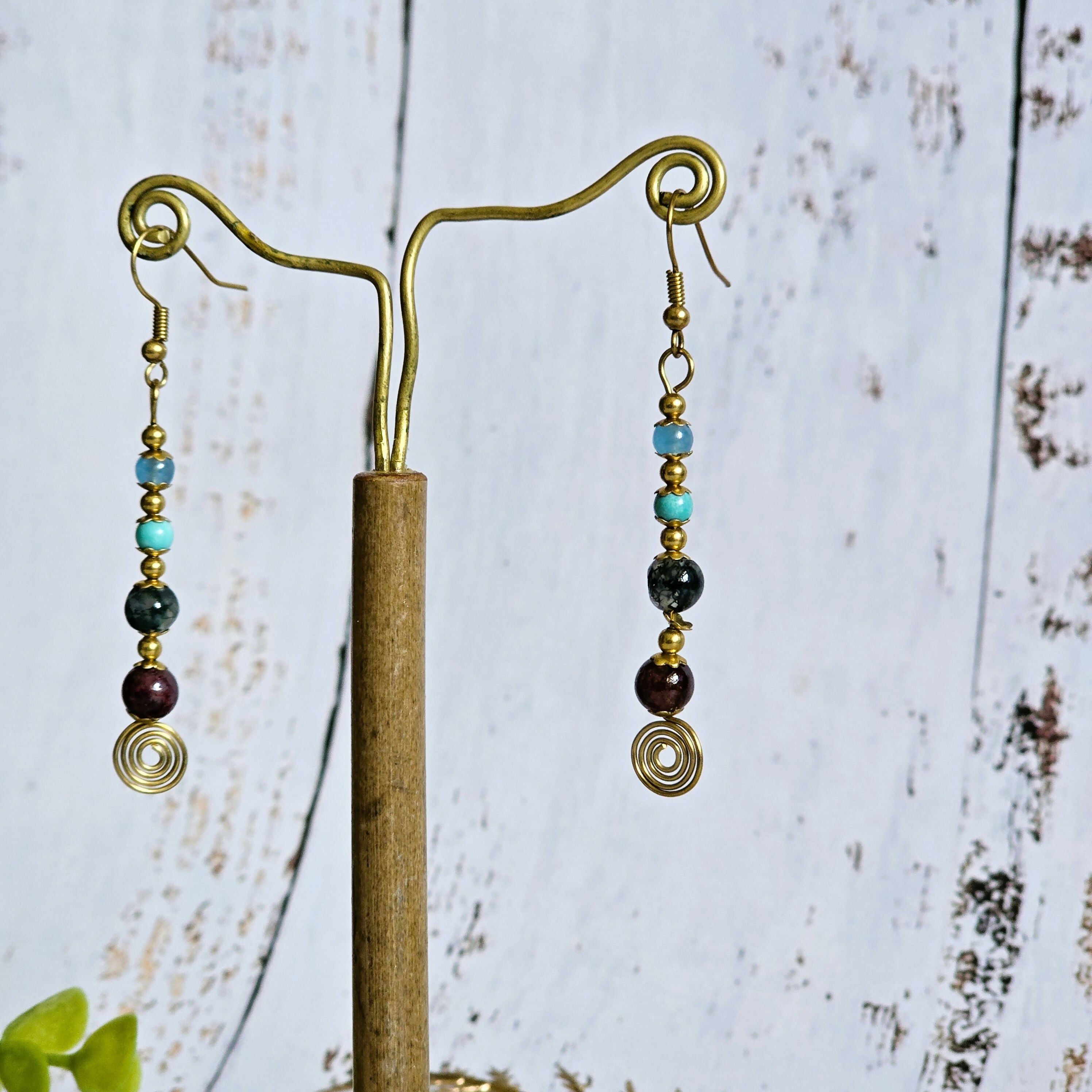 Aquamarine, Turquoise, Moss Agate & Garnet Crystal Drop Earrings; Delicate Boho Gemstone Earrings