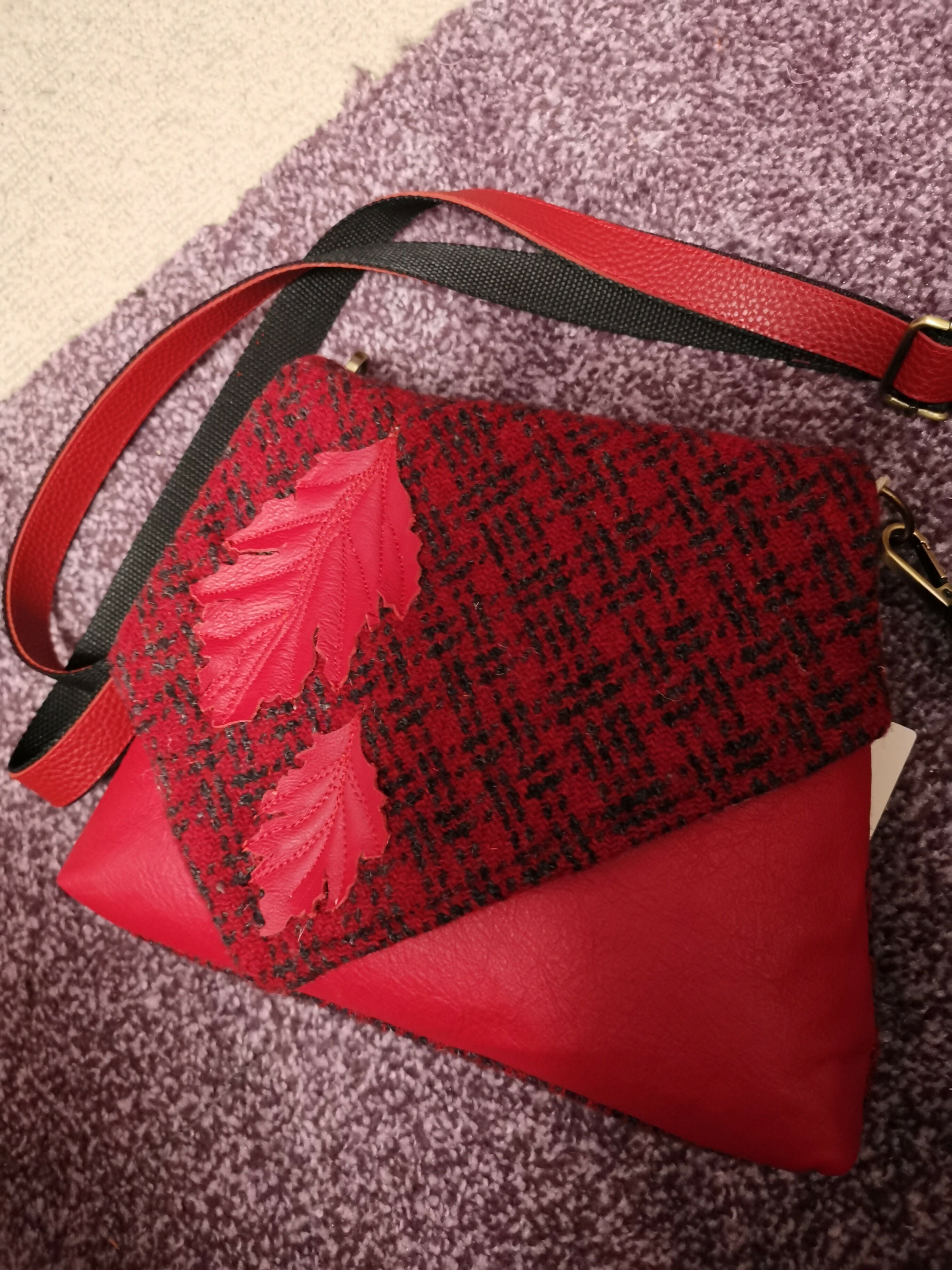 Handmade Harris Tweed and Red Leather Small Bag