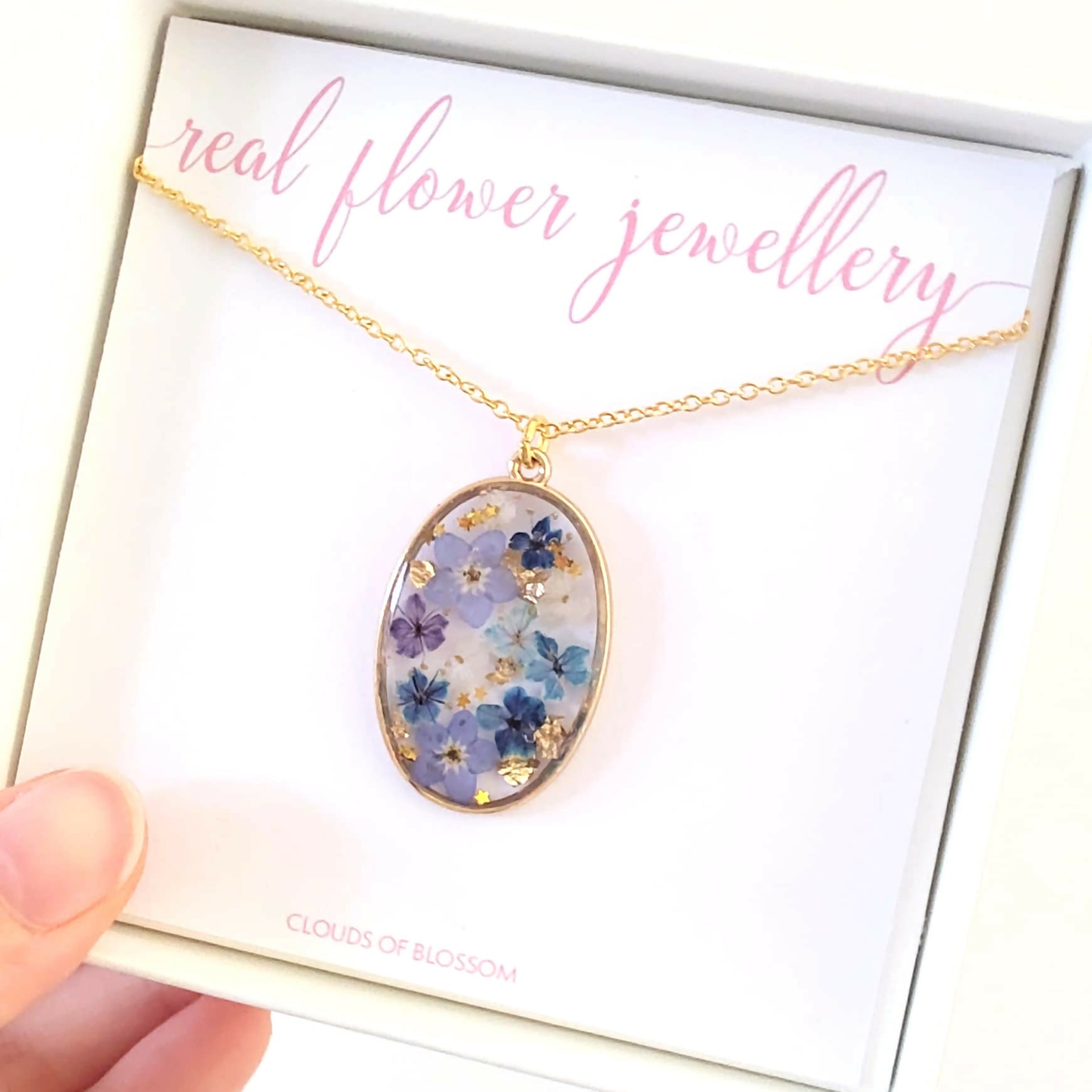 Real Blue Flower Oval Necklace Gold Plated
