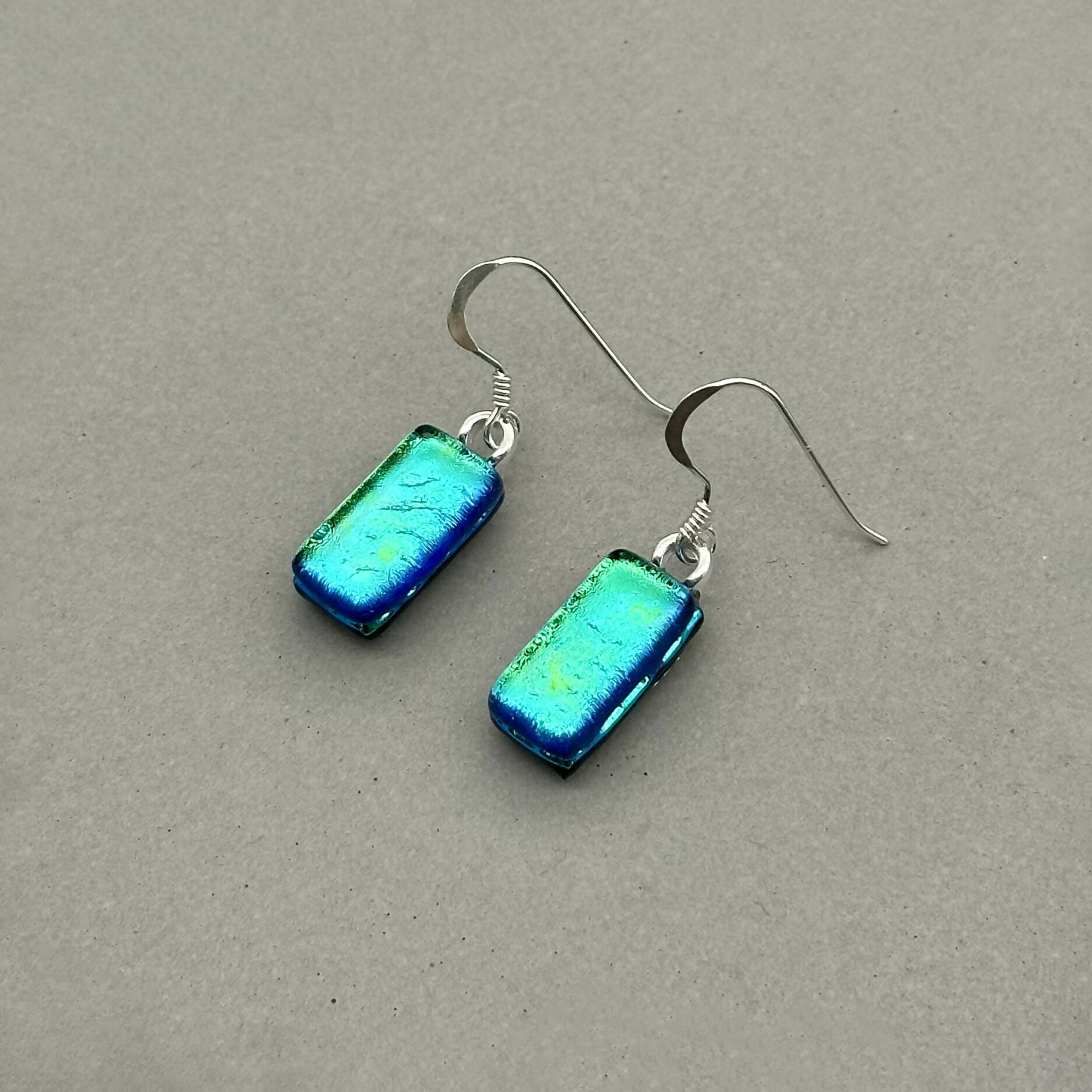 Green Dichroic Glass Necklace and Earrings Set - Sterling Silver, Handmade by Jade Tapson Glass.