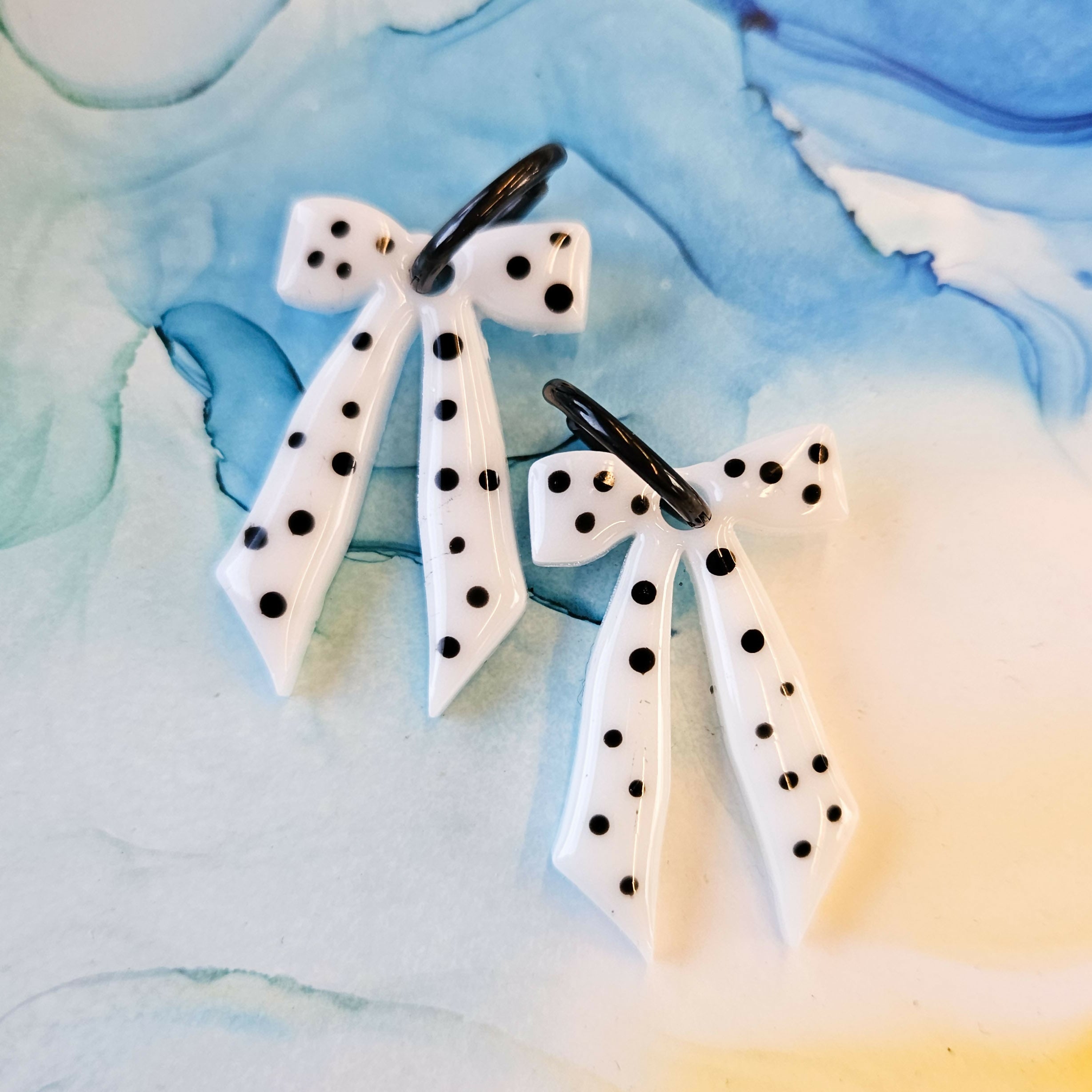 Handmade White And Black Dots Bow Resin Charms On Black Hoops