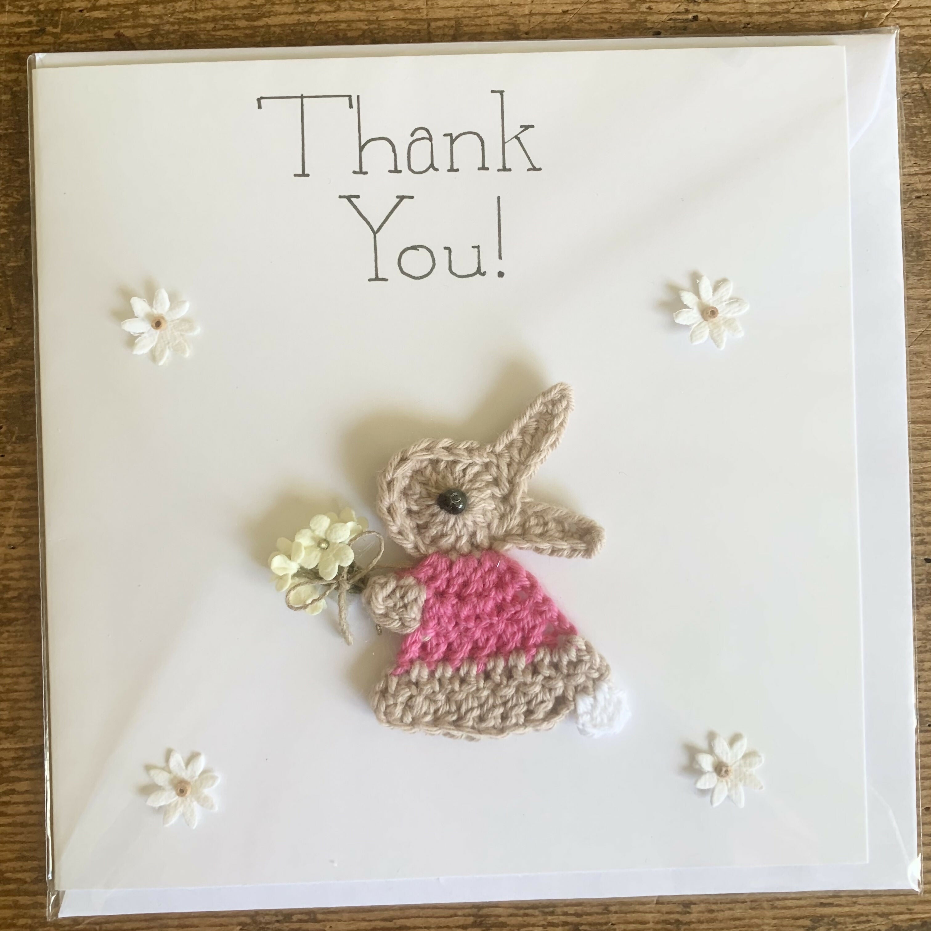 Thank You Crocheted card with Rabbit.