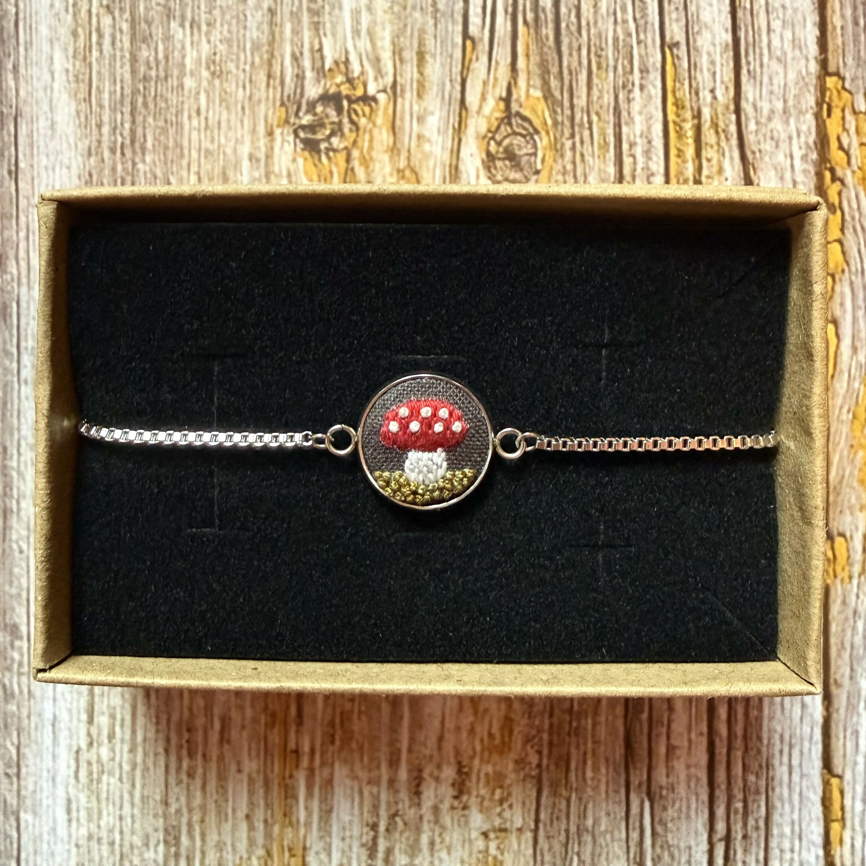 Hand Embroidered Mushroom Bracelet