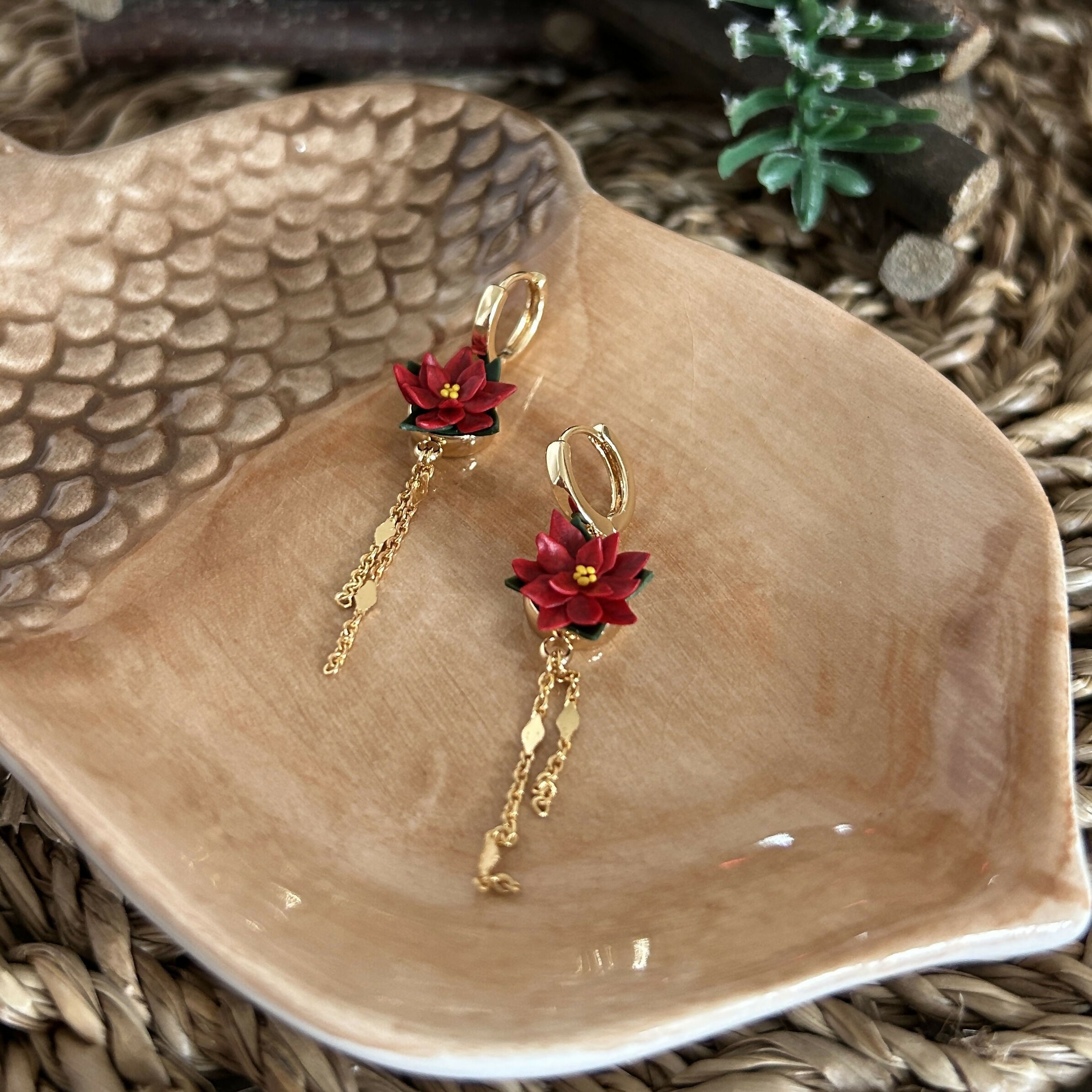 Red Christmas Flower Dangle Earrings
