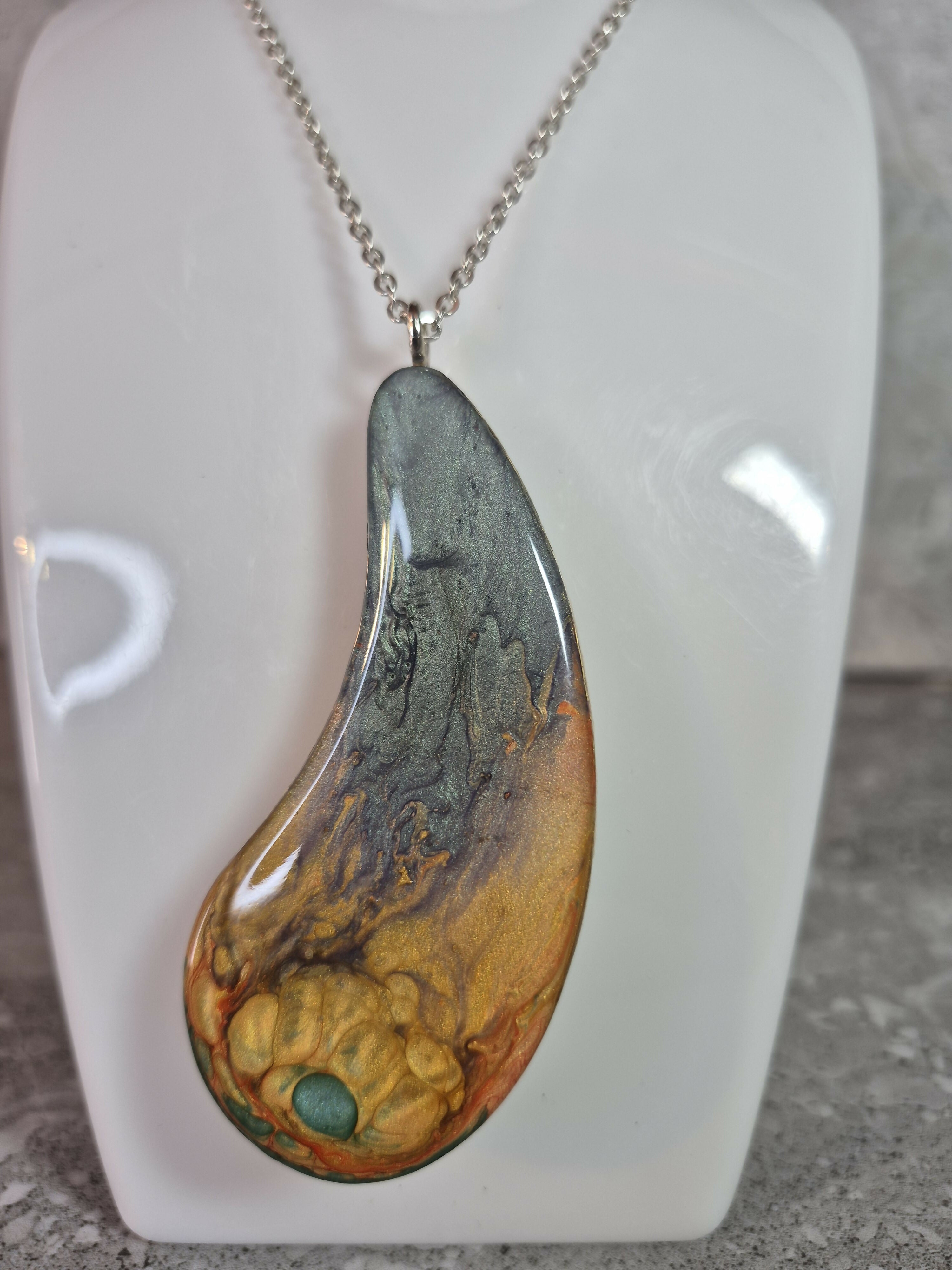 Unique Hand Crafted Double Sided Tear Drop Shape Pendant With Swirling Blue, Gold, Red and Green Colours