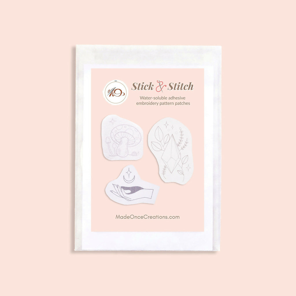 Magical Stick & Stitch Embroidery Patterns Set – Mushroom, Crystal & Hand with Moon Designs