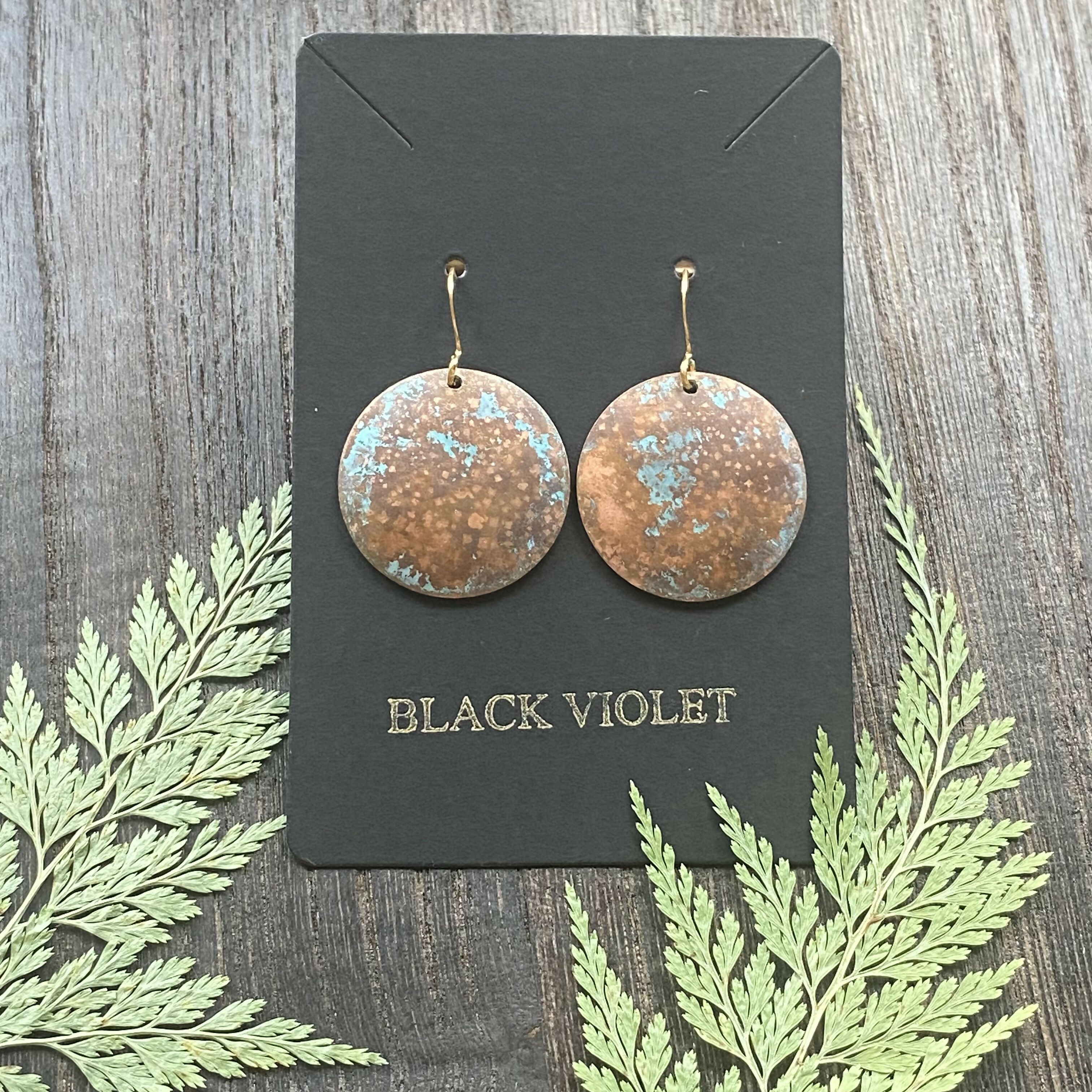 HAMMERED COPPER VERDIGRIS MOON EARRINGS