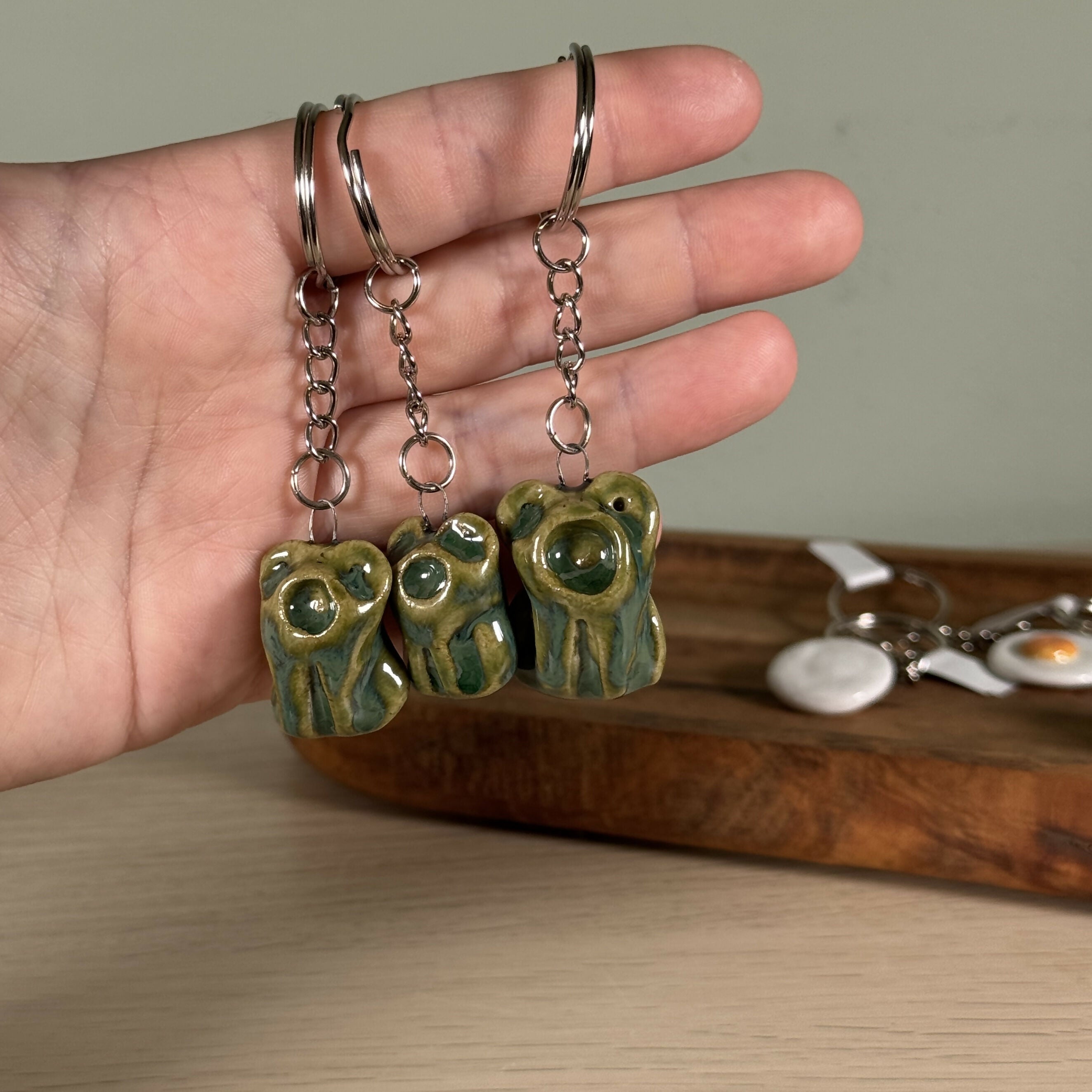Ceramic Frog Keyring, Reactive Glaze Handmade Frog