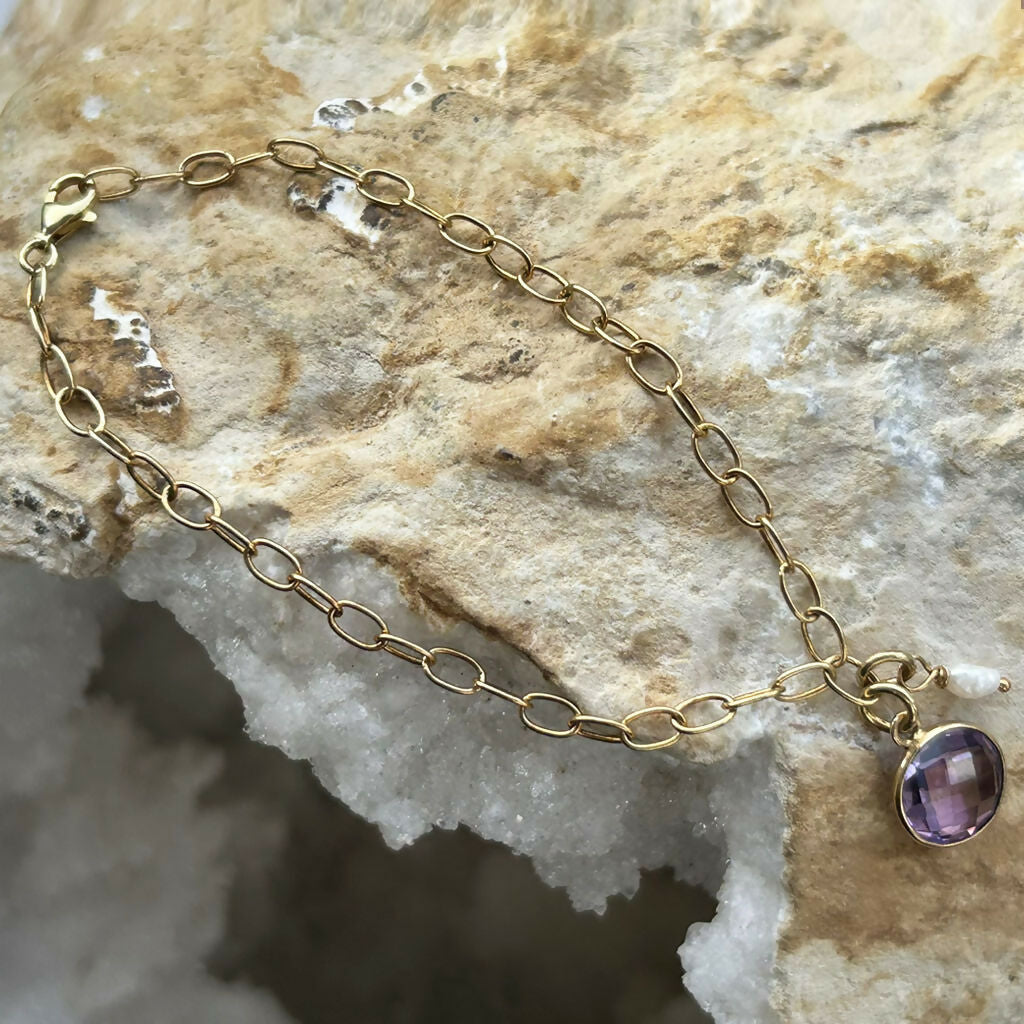 Handmade Gold Vermeil Amethyst And Fresh Water Pearl Cable Chain Bracelet