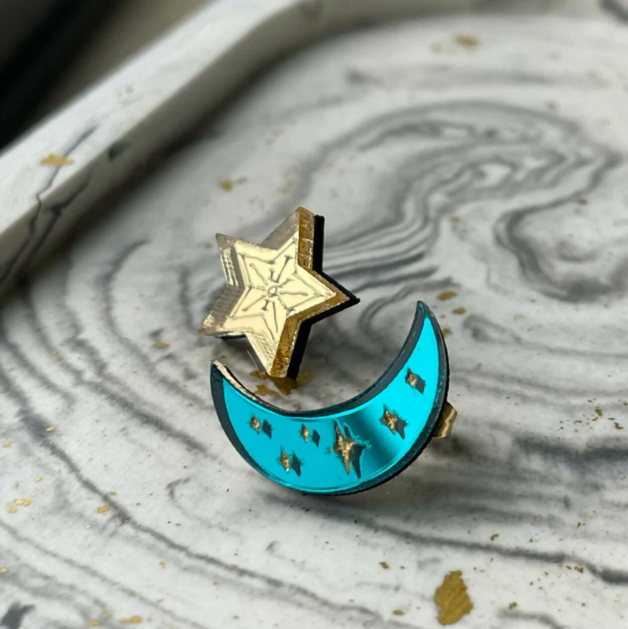 Celestial, Engraved Moon And Star Stud Earrings