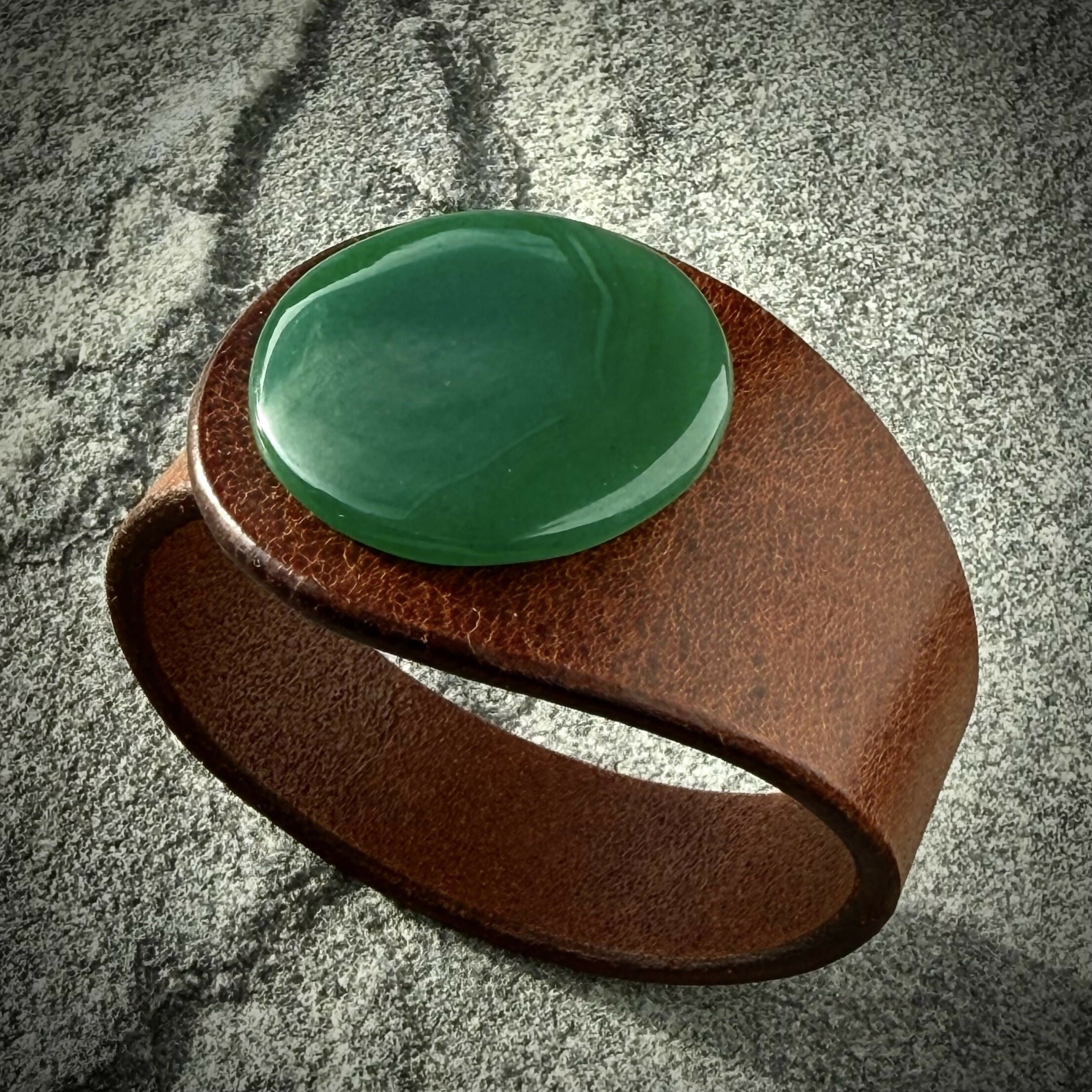 Handcrafted Natural Leather & Nephrite Jade Gemstone Bracelet - Size S or M