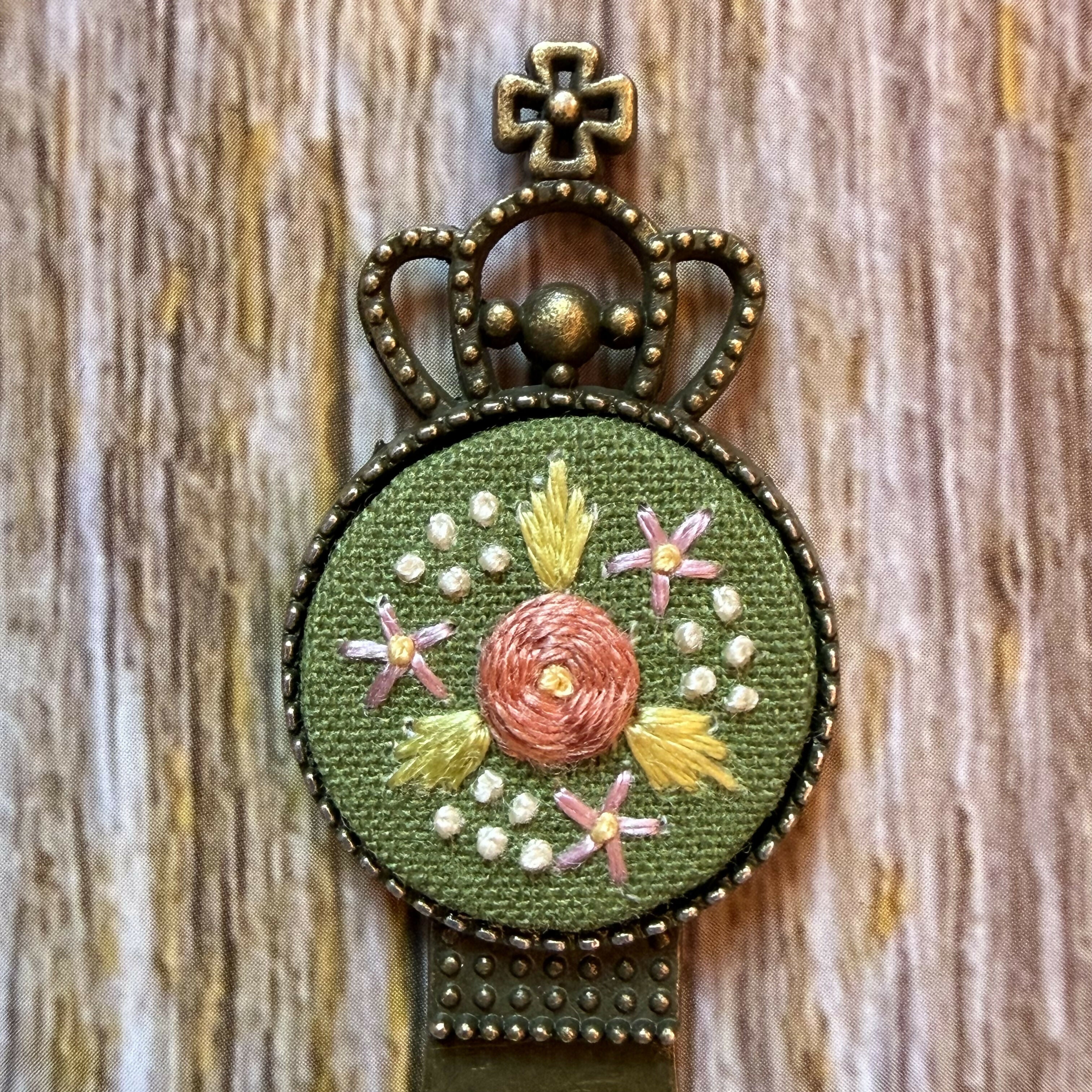 Hand Embroidered Green Crown Bookmark
