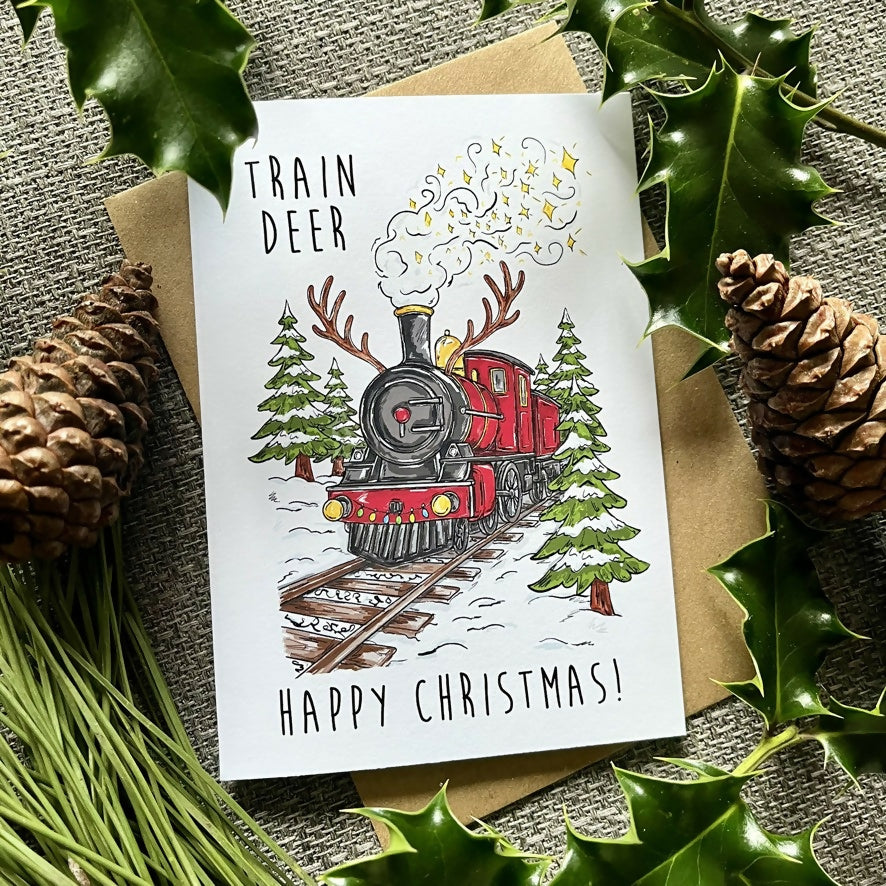 Train Deer Christmas Card