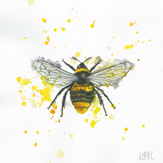 'Early Bumblebee' Watercolour Painting Square Print Mounted