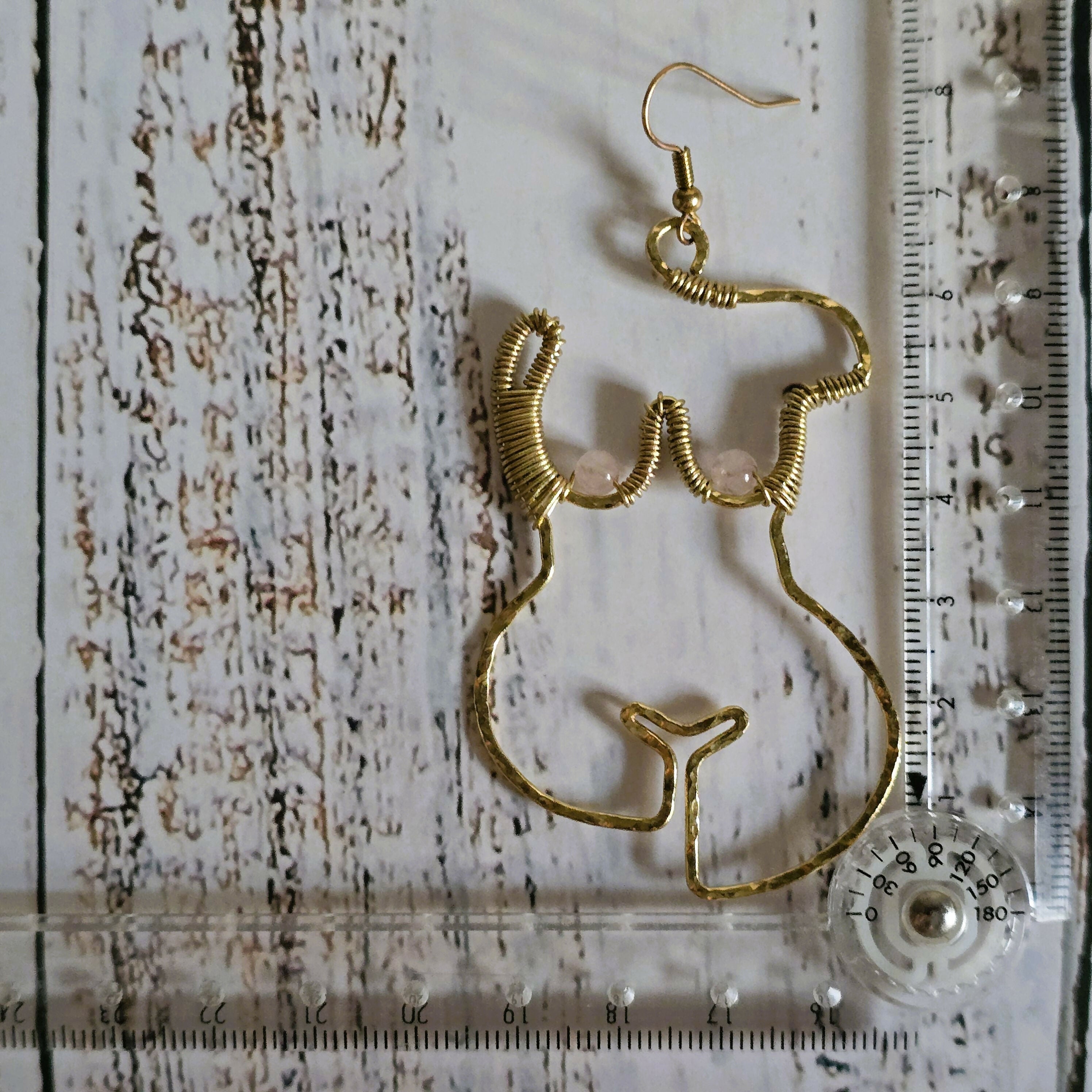 Goddess Woman Form Earrings; Rose Quartz Crystal Feminist Boob Nude Art Female Empowerment Gold Wire Earrings