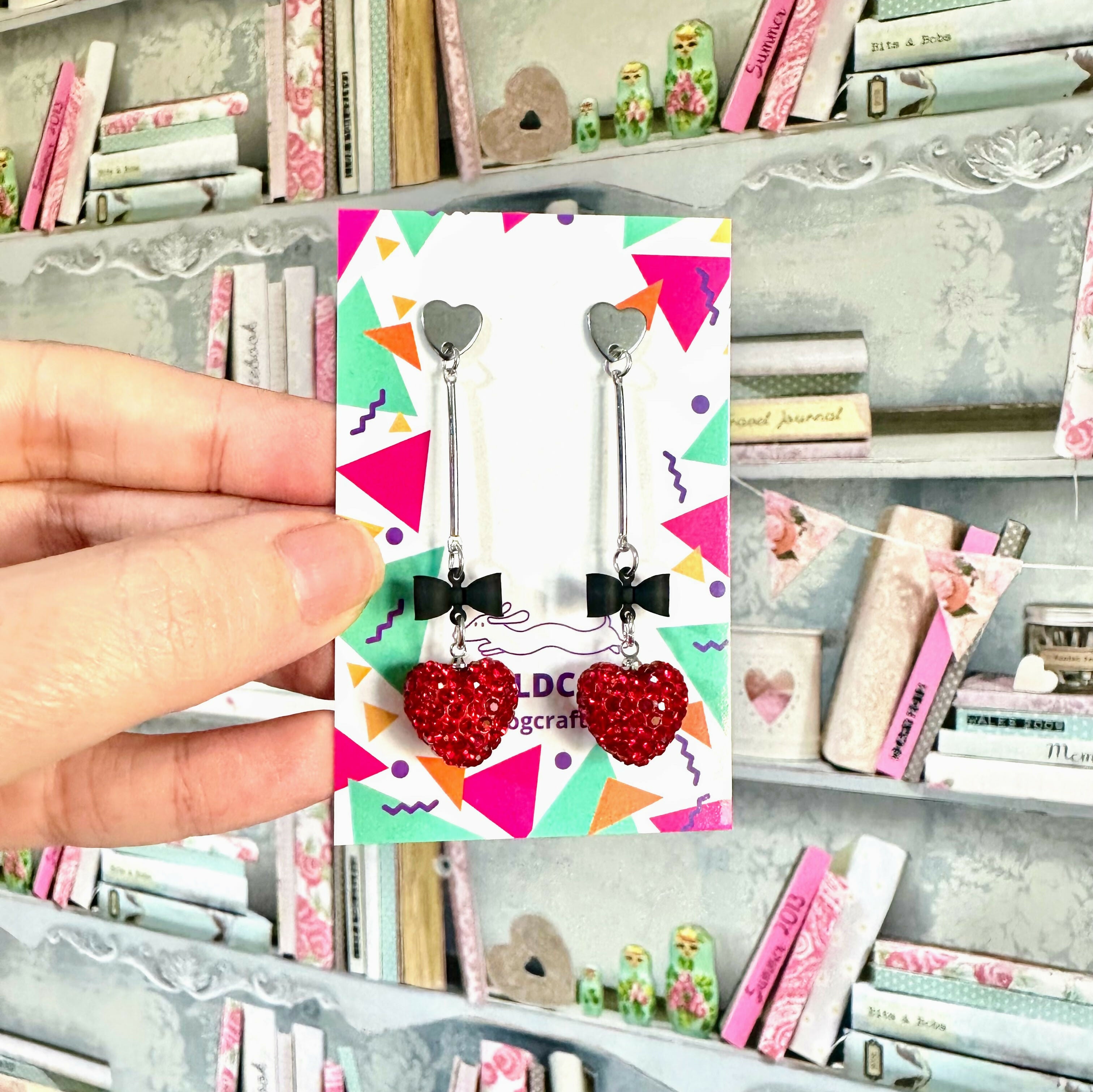 Red Glitz Heart Drop Stud Earrings