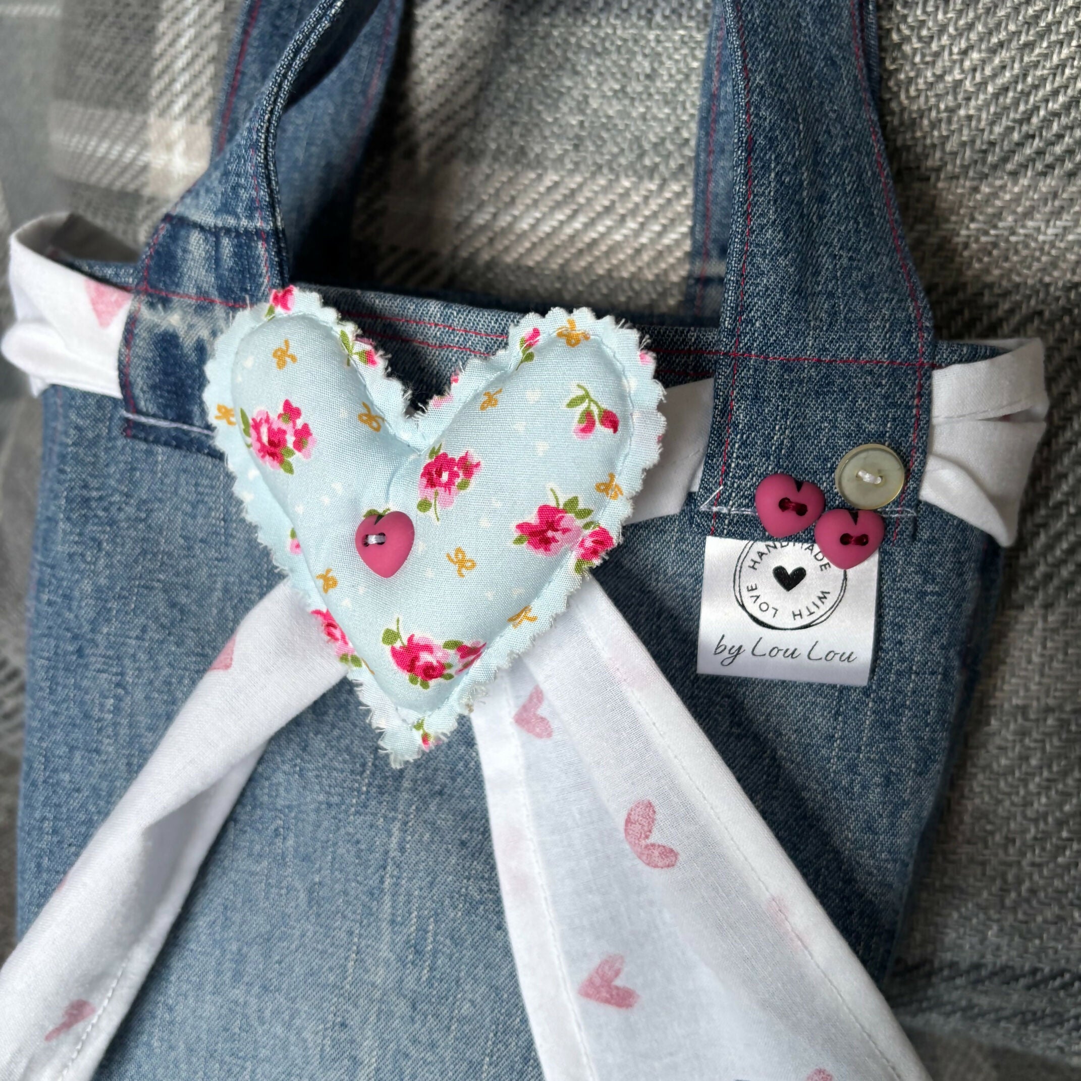 Unique Handcrafted Cute Denim Tote Bag Handbag Made From Upcycled Jeans With Padded Heart Decoration