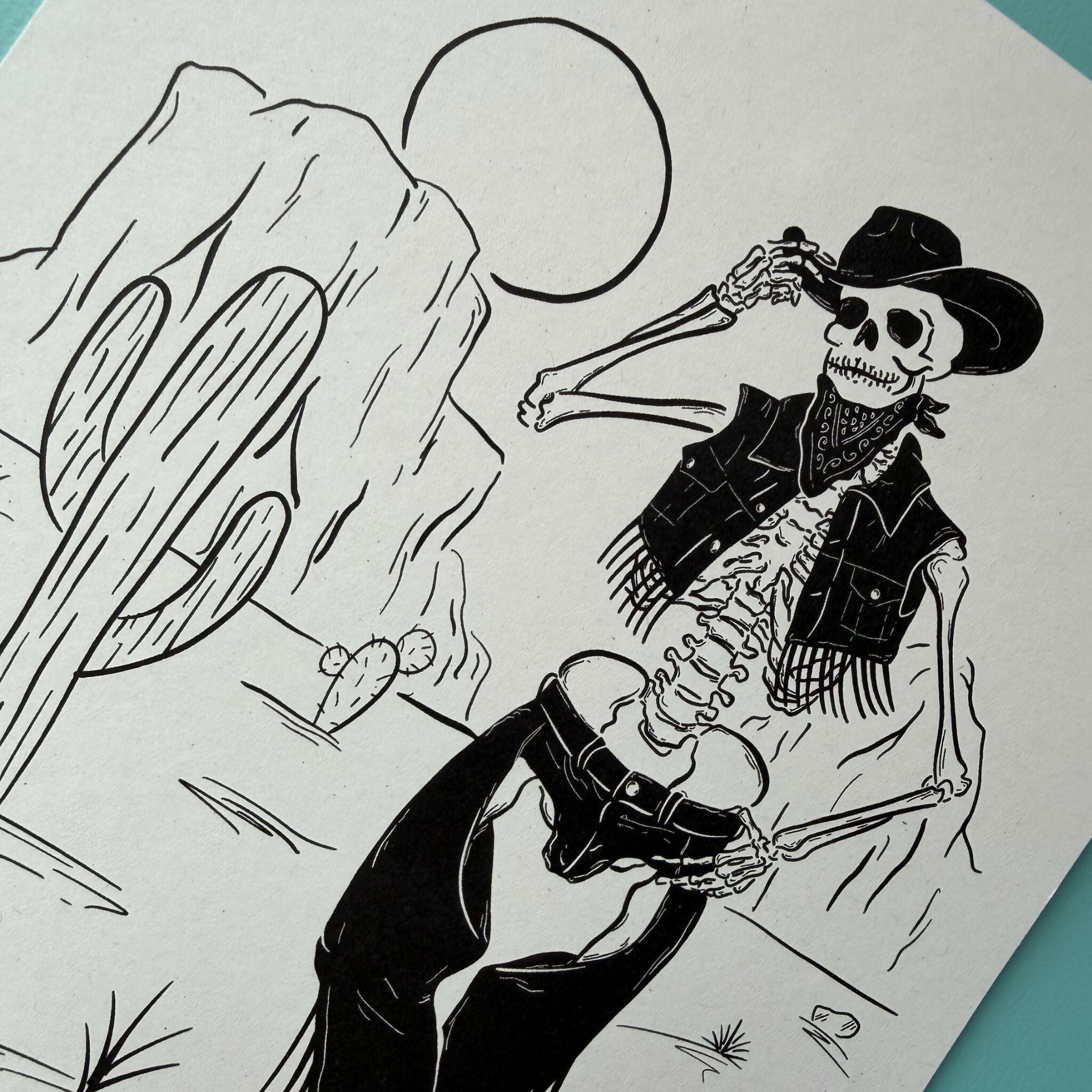 Cowboy Skeleton - Illustrated Black and White Print