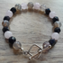 Tibetan Silver Toggle Catch Bracelet with Grey Banded Agate, Faceted Navy Goldstone and Rose Quartz.