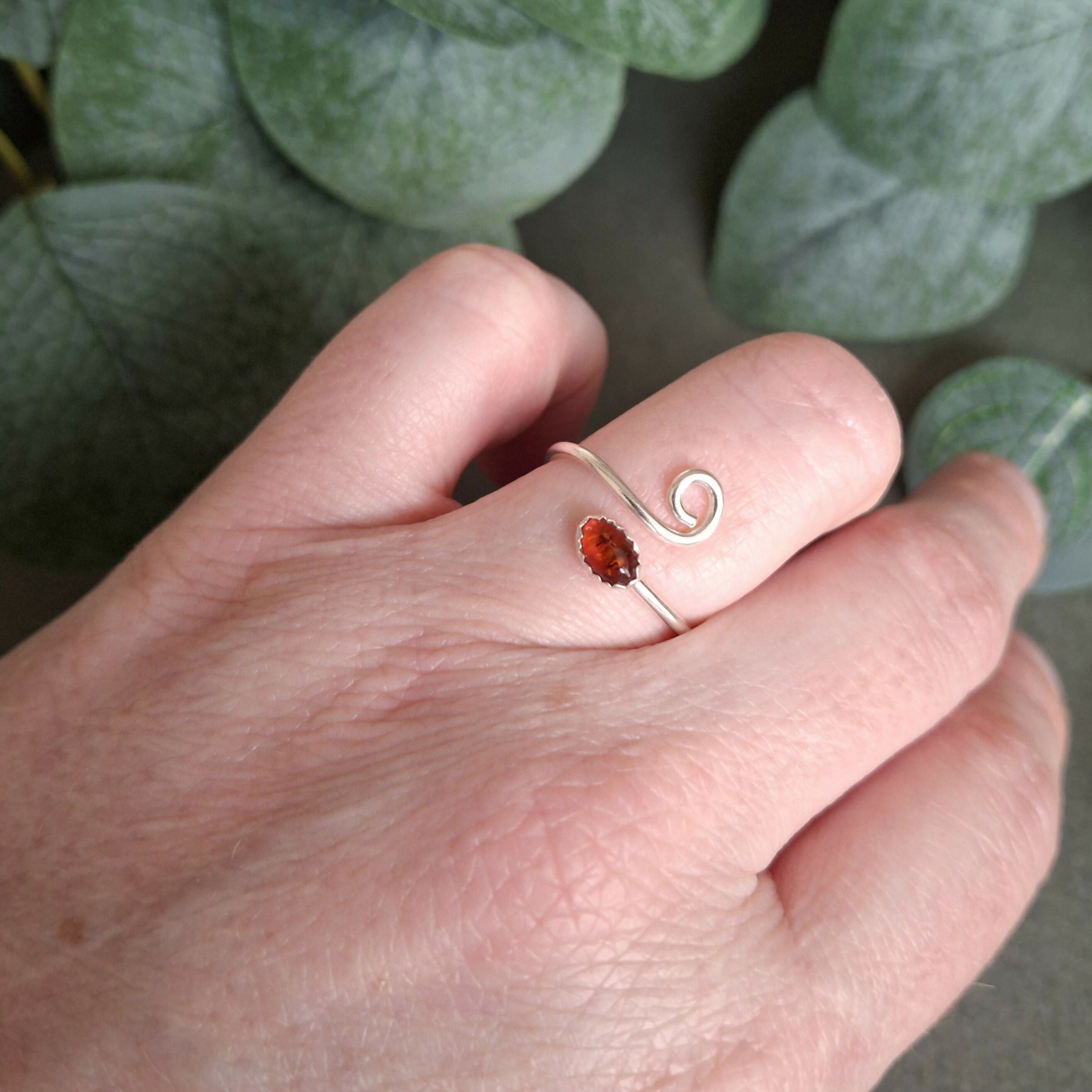 Handmade Adjustable Silver Amber Ring Size M