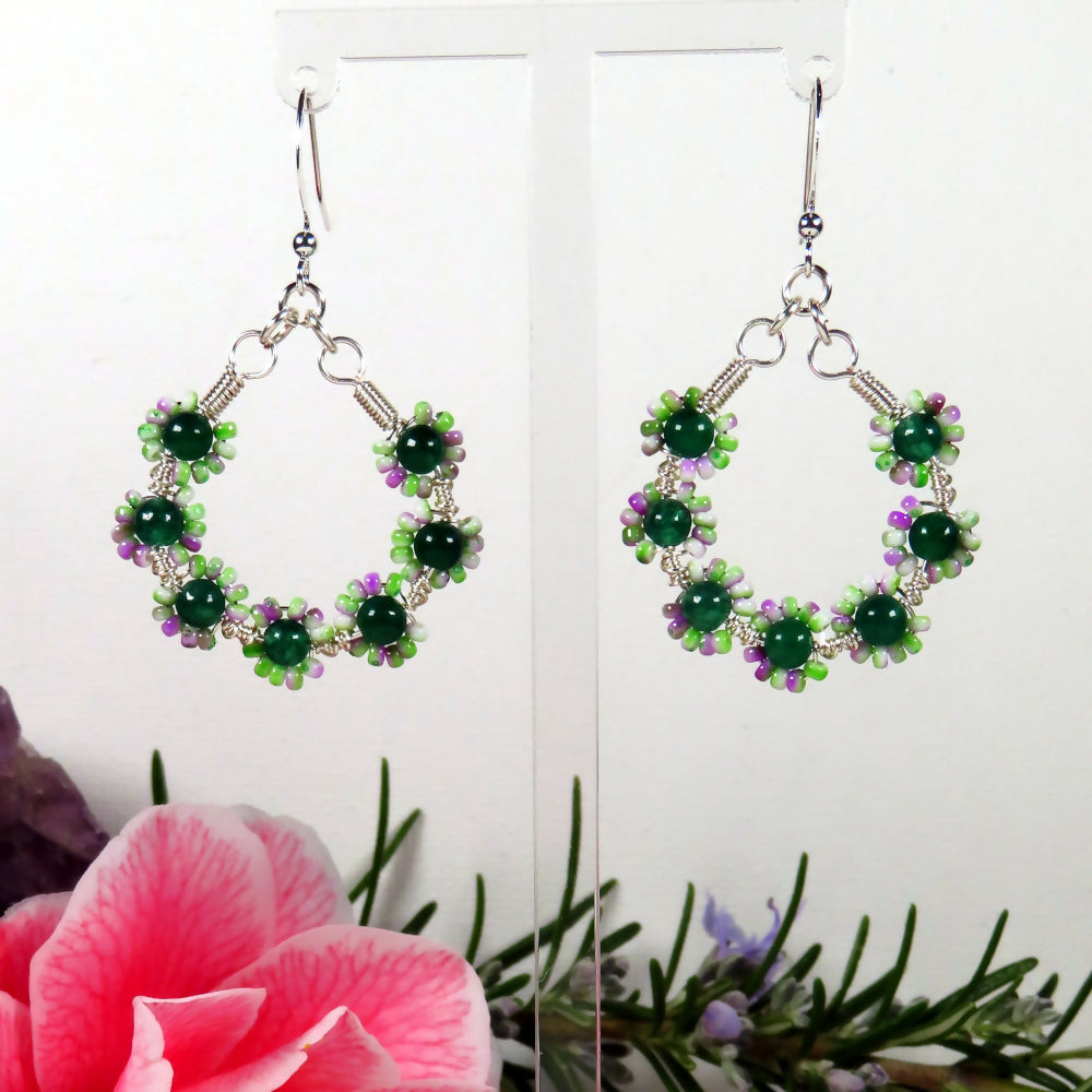 Large Dainty Bouquet Earrings - Dyed Green Jade & White Funky Orchid Seed Beads, Silver Plated Ear Wires