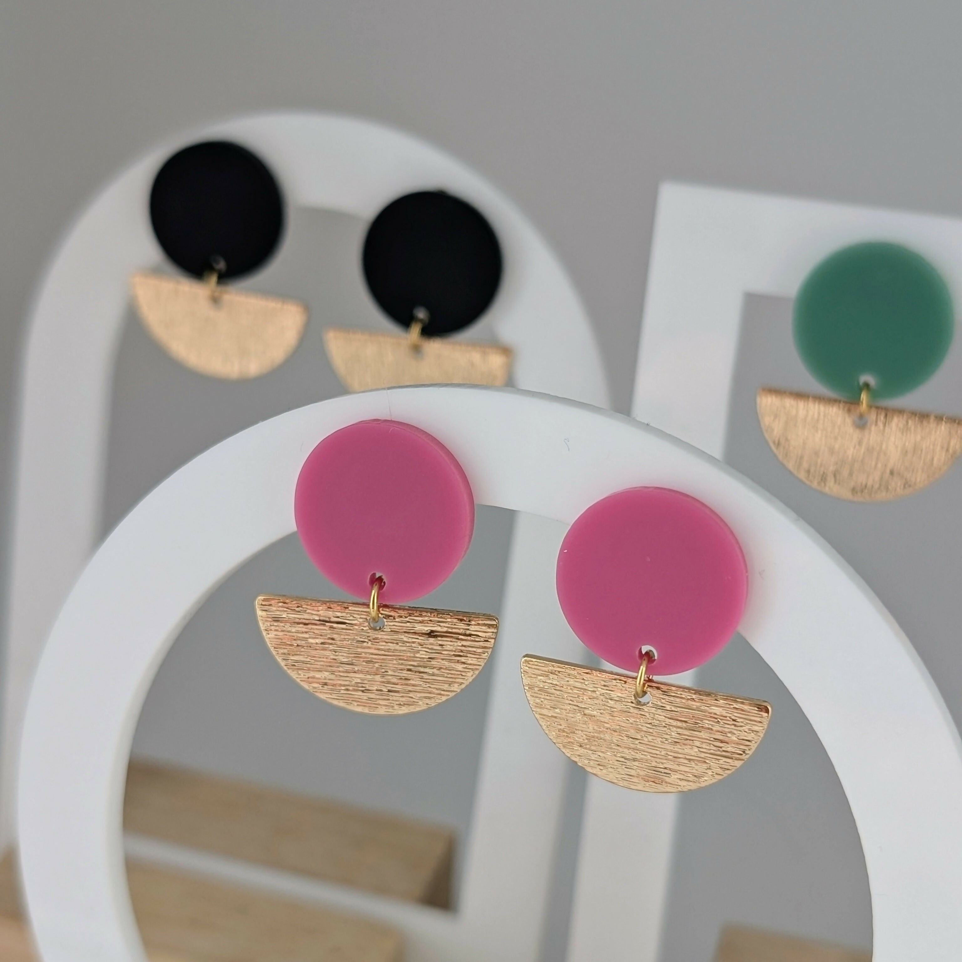Magenta Geometric Earrings in Gold or Silver