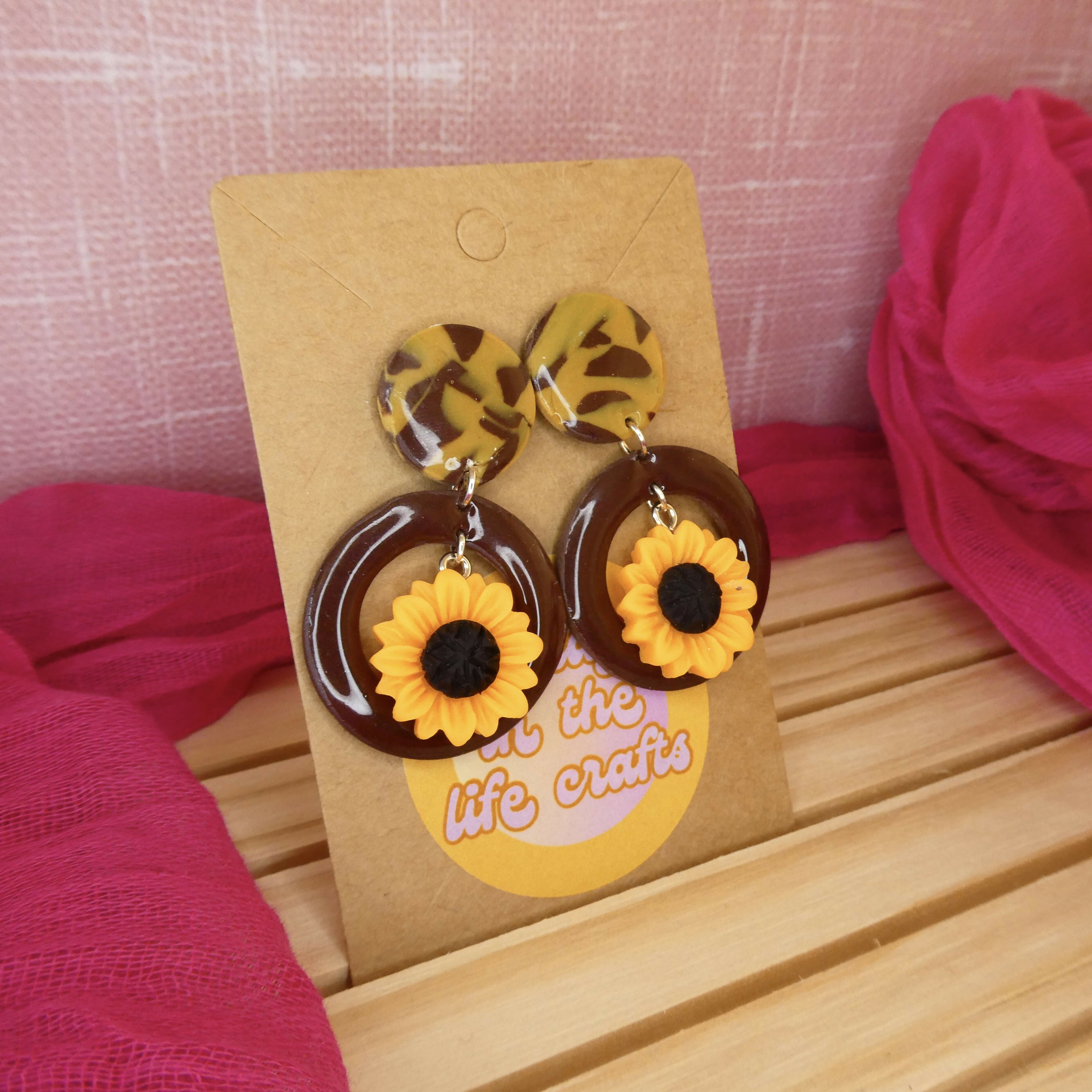 Brown Polymer Clay Earrings With Sunflower Charm