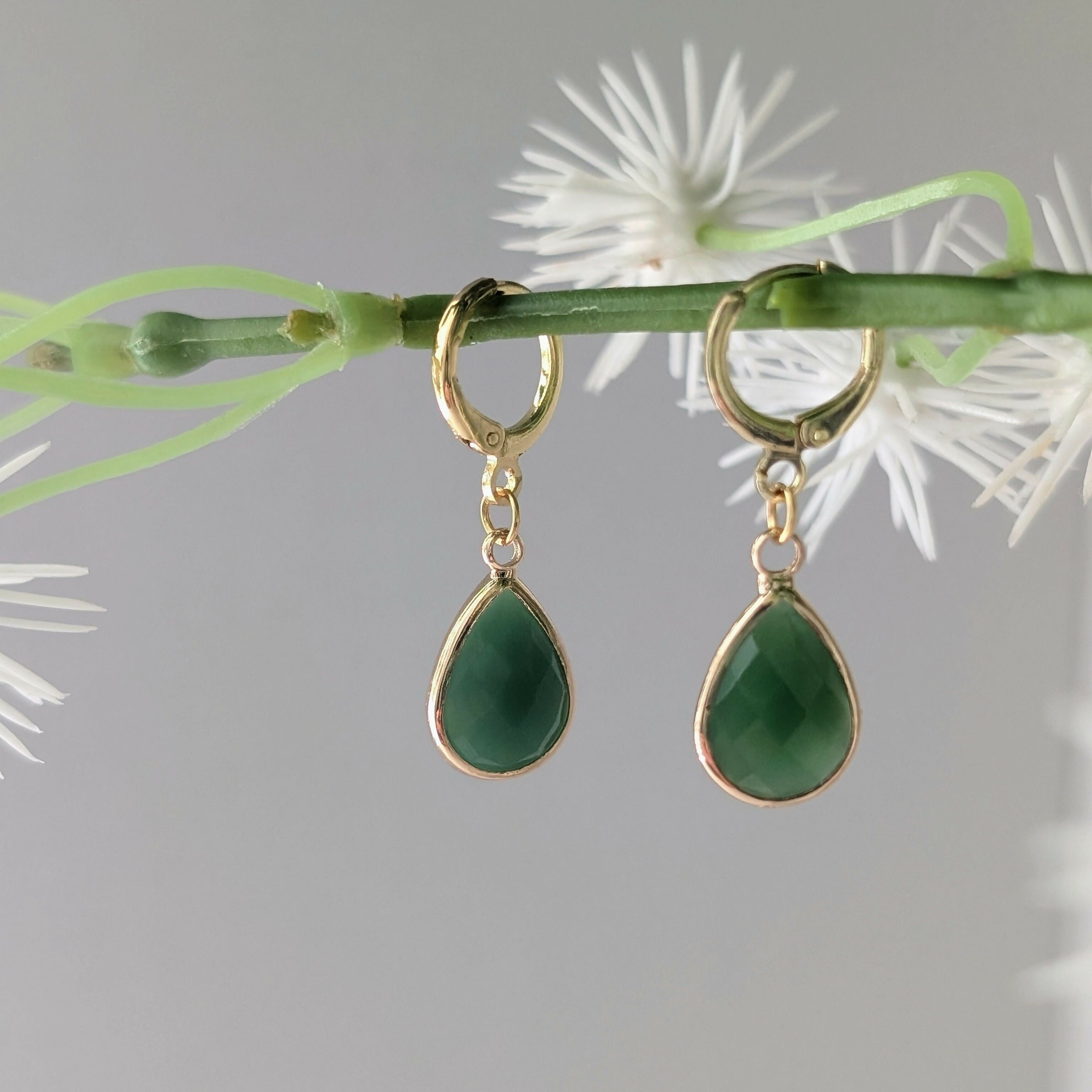 Green Jade Faceted Teardop Gold Plated Huggie Earrings