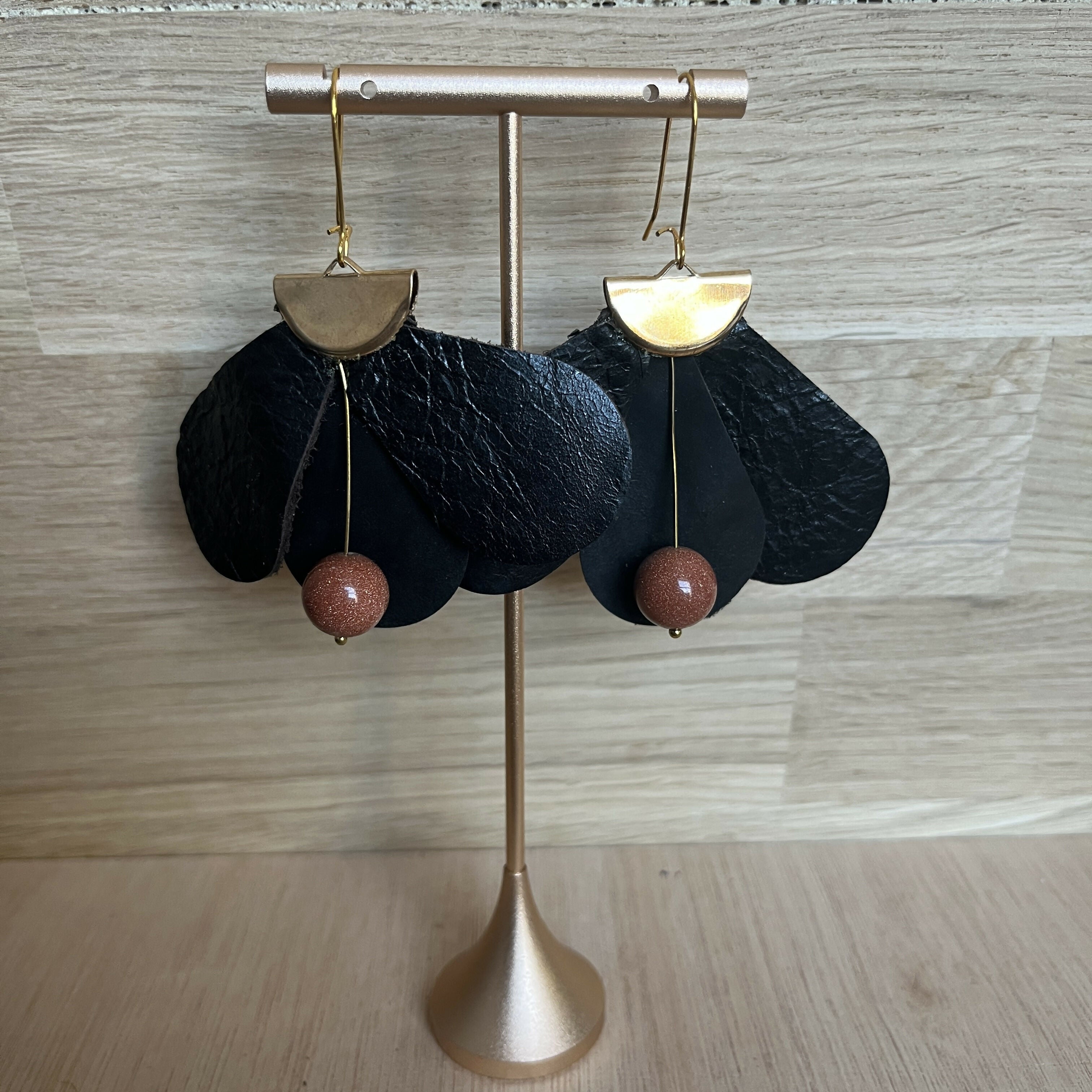 Forest Whisper – Chocolate Brown Thin Leather Flower Earrings with Brown Stone
