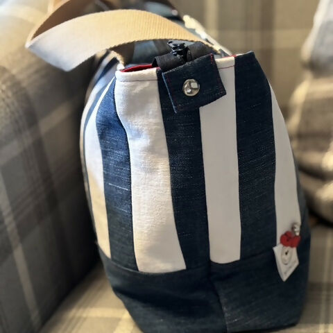 Unique Handcrafted Striped Denim Tote Bag Handbag Made From Upcycled Jeans