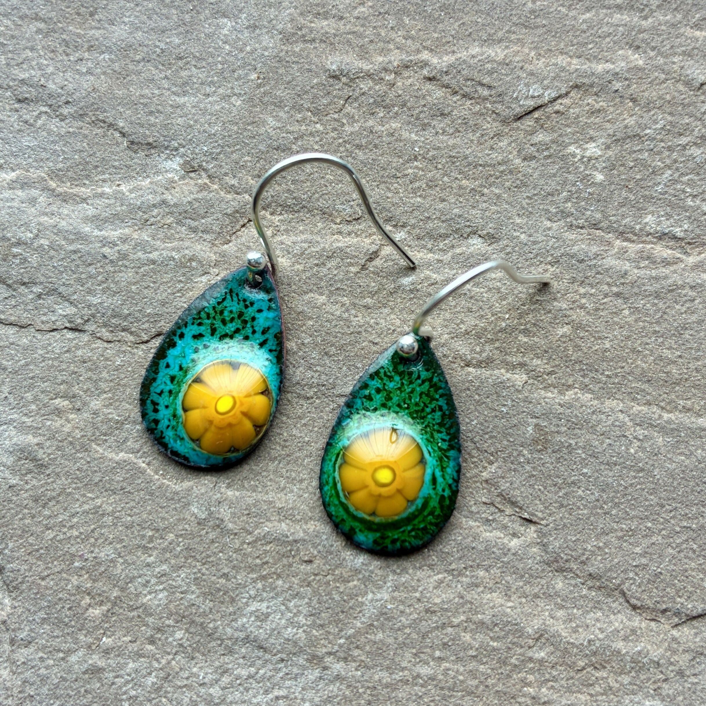 Green and Silver Enamel and Copper Earrings