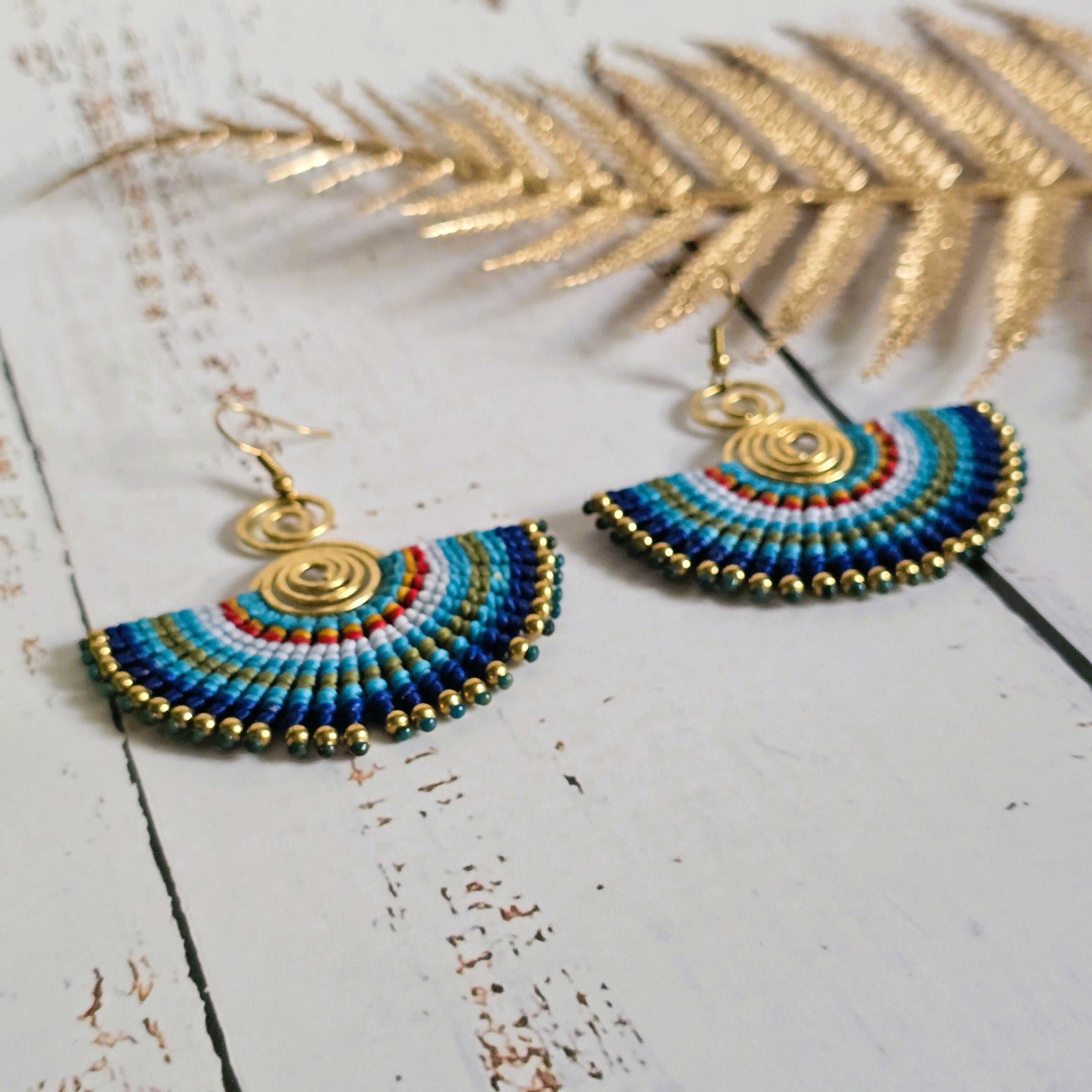 Blue Macrame Earrings; Egyptian Fan Gold Wire Spiral Bohemian Earrings