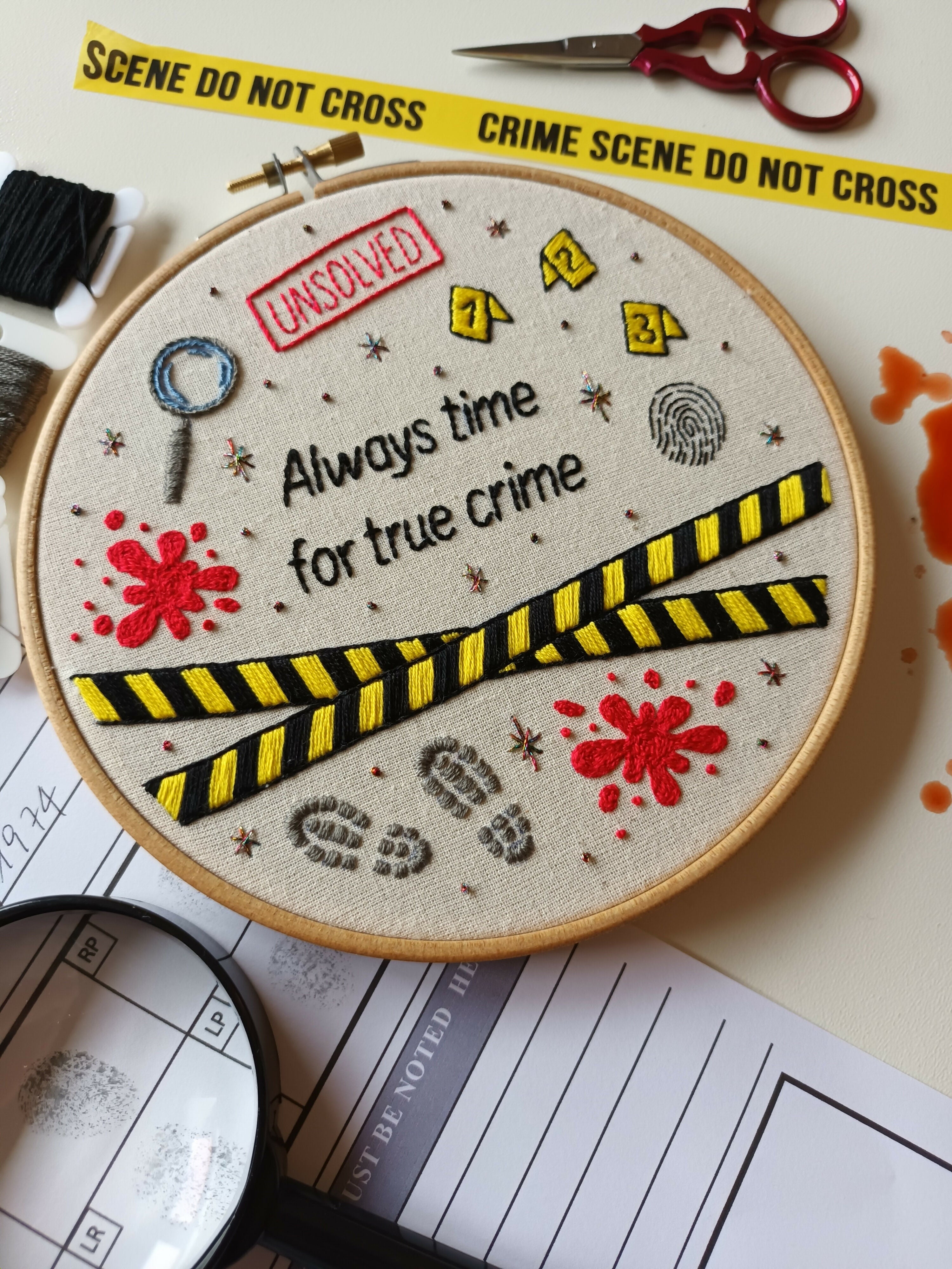 Preprinted Embroidery Pattern For Beginners - Always Time For True Crime