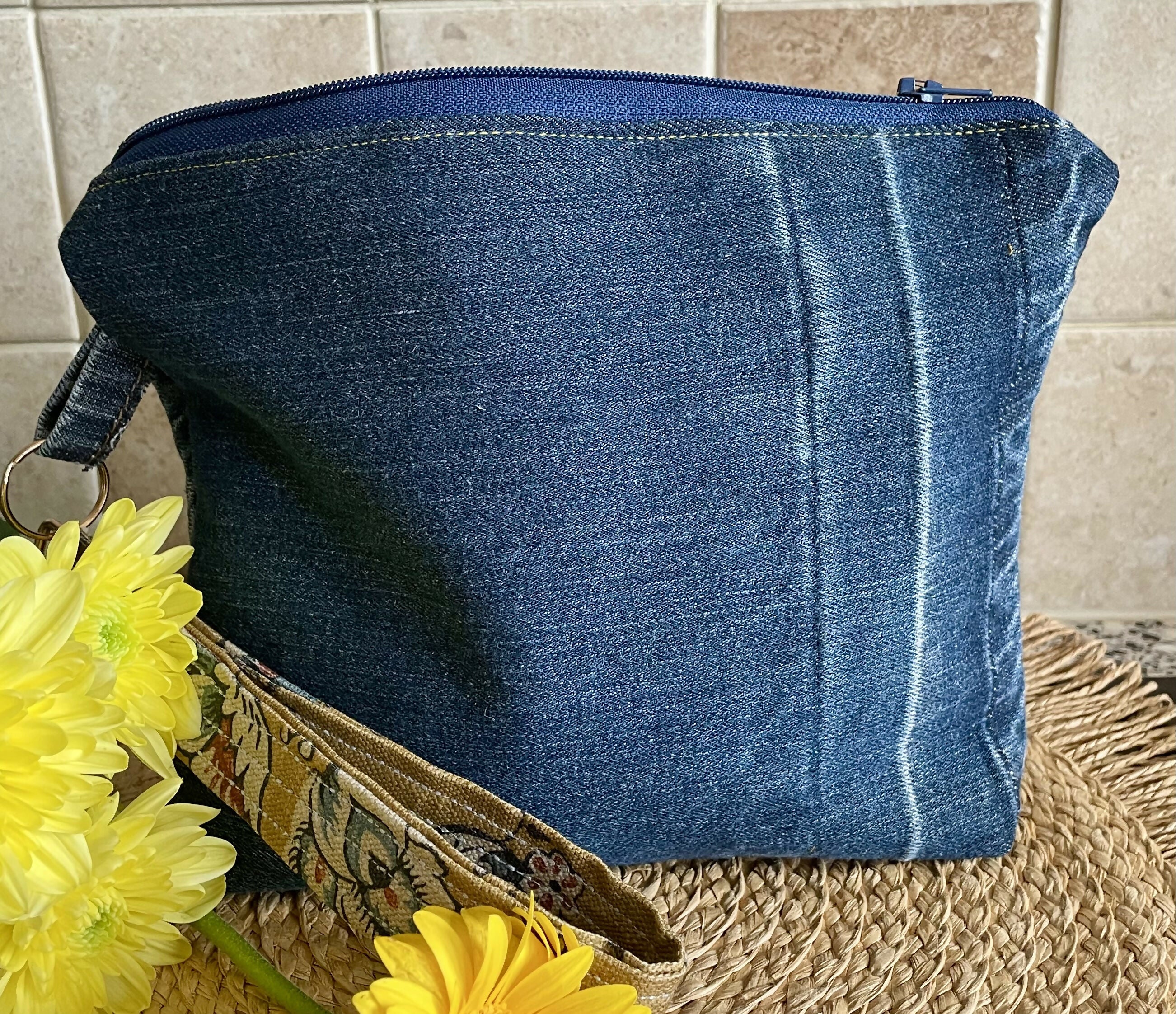 Upcycled Denim Clutch Bag with wristlet.