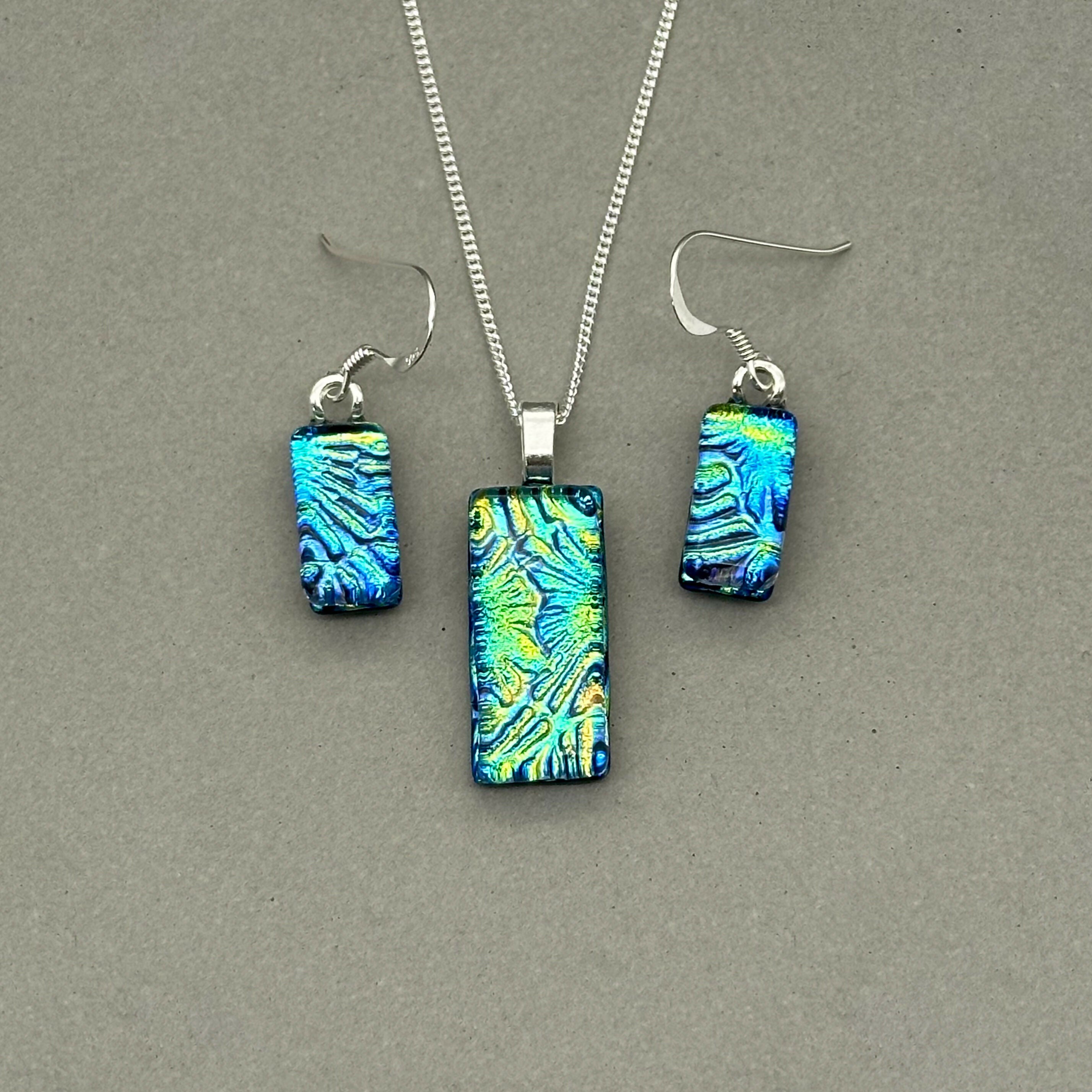 Blue & Green Flower Dichroic Glass Necklace and Earrings Set - Sterling Silver, Handmade by Jade Tapson Glass.