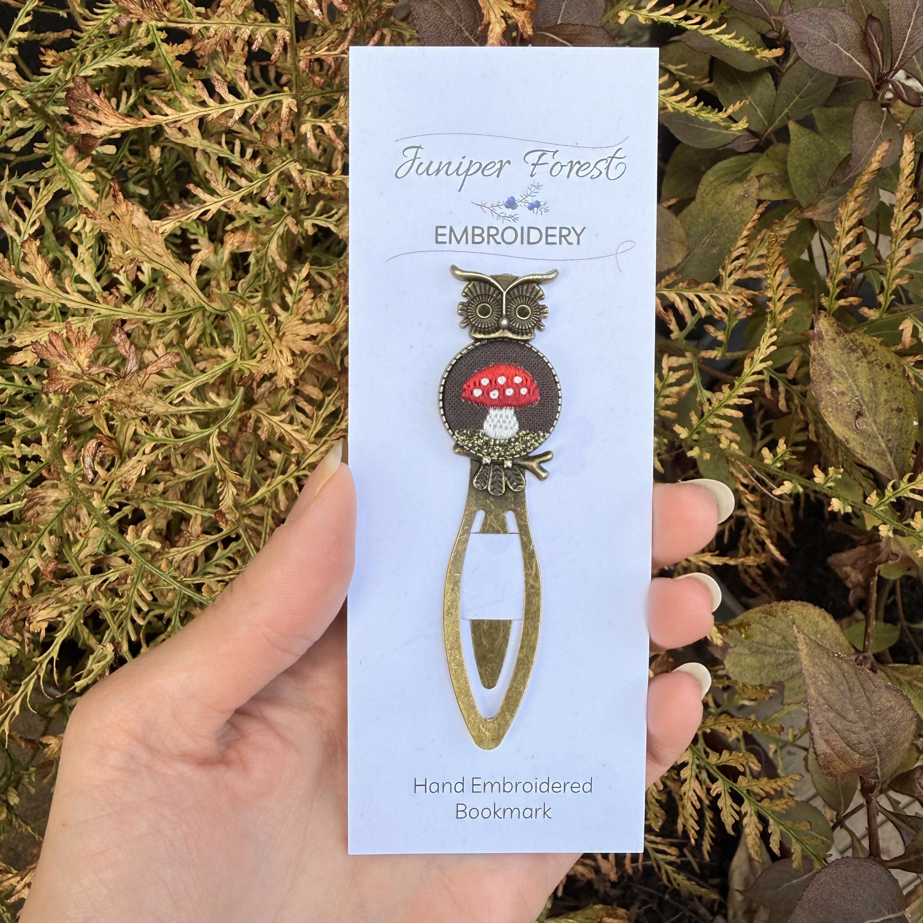 Bronze Owl Hand Embroidered Mushroom Bookmark