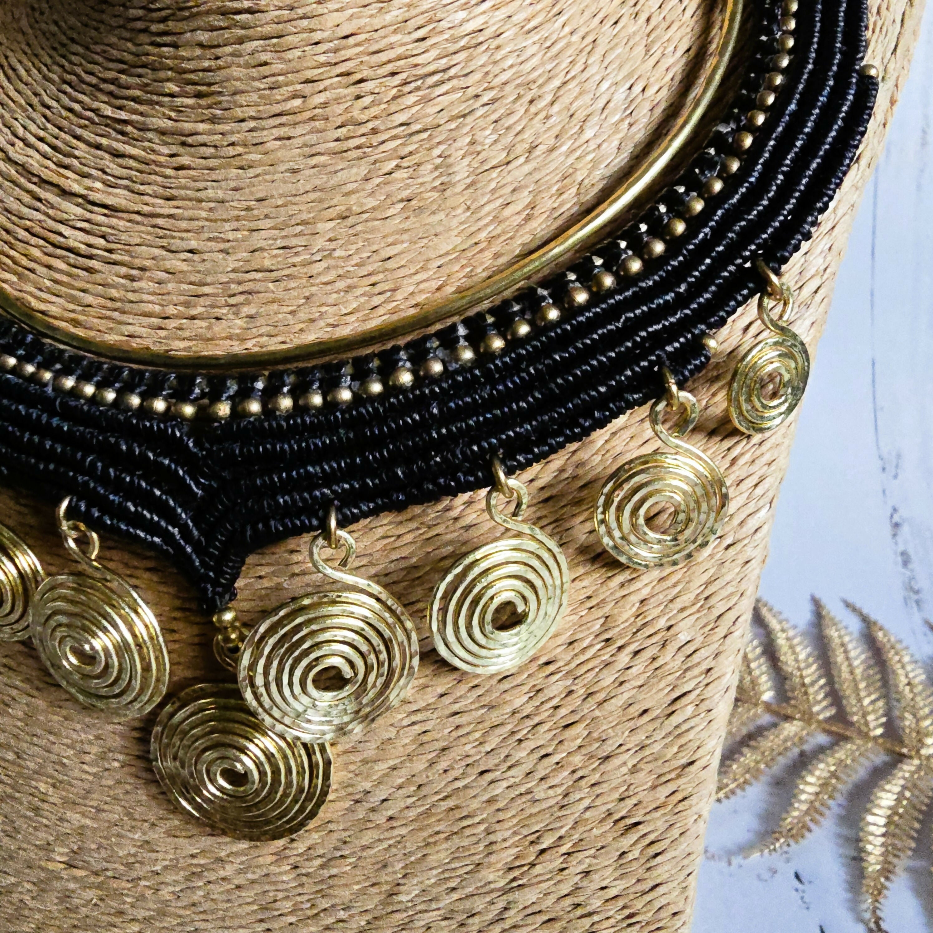 Black Macrame & Gold Brass Wire Spiral Choker; Egyptian Queen Tribal Statement Thai Jewellery