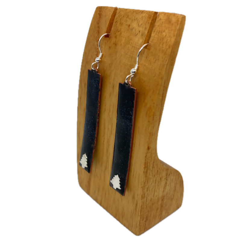 Black Enamel Drop Earrings With Fine Silver Christmas Tree