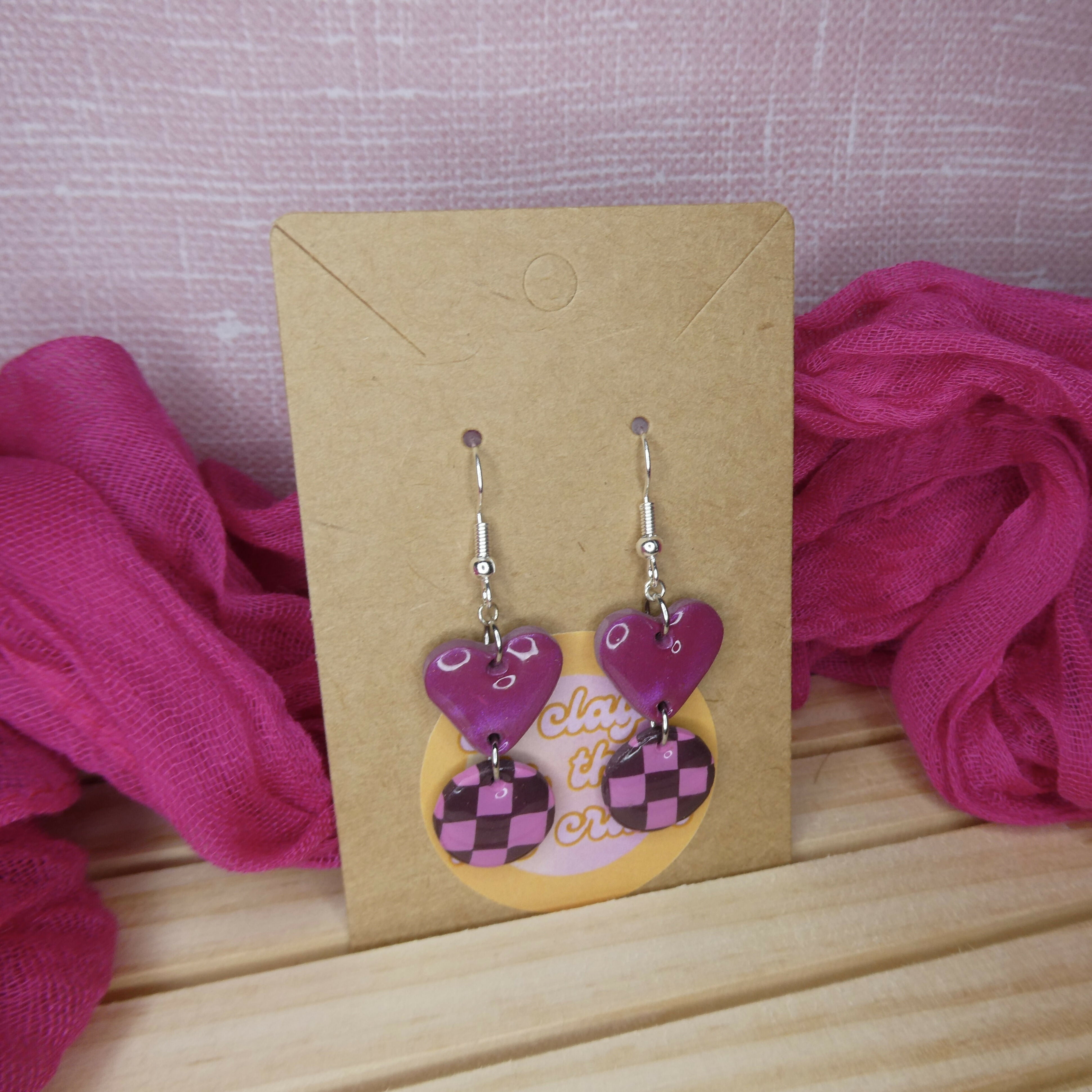Pink And Burgundy Check Dangle Polymer Clay Earrings