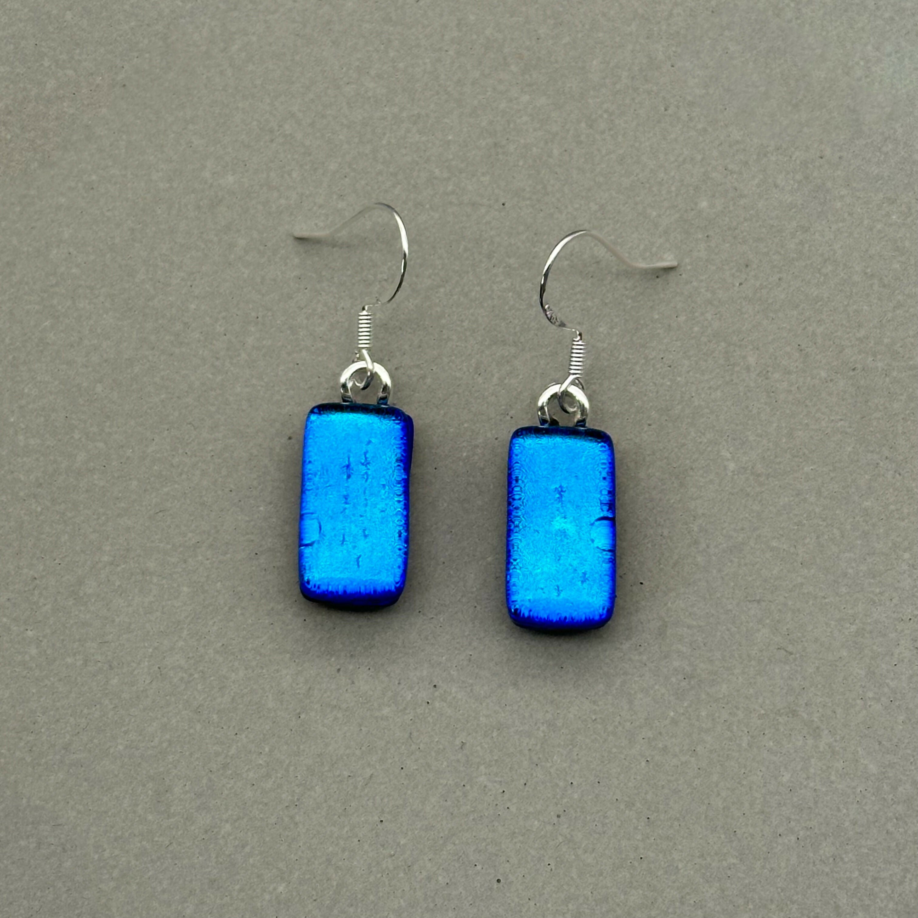 Mid Blue Dichroic Glass Necklace and Earrings Set - Sterling Silver, Handmade by Jade Tapson Glass.