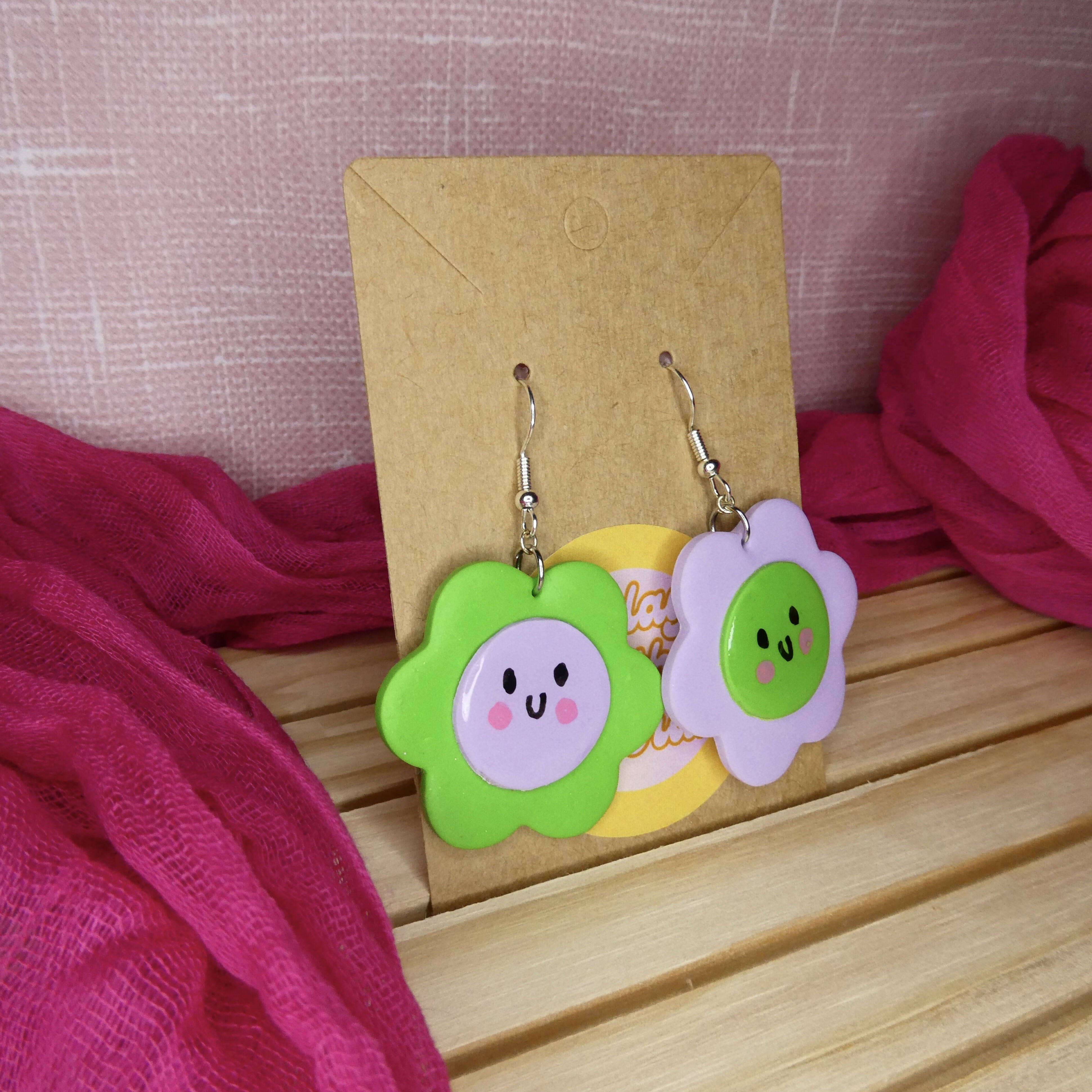 Purple And Green Flower Polymer Clay Earrings With Cute Face Detail