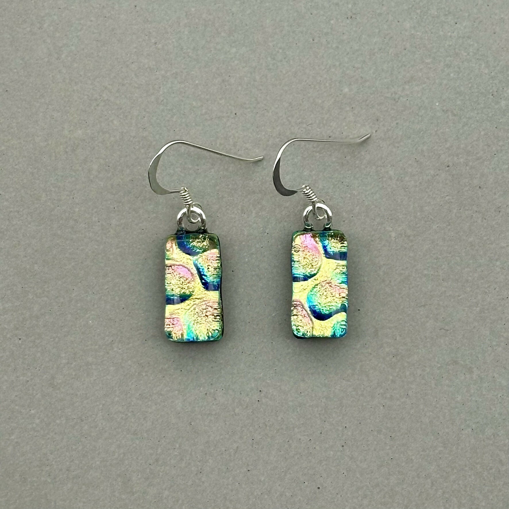 Yellow & Pink Bubble Dichroic Fused Glass Dangle Sterling Silver Earrings - Handmade by Jade Tapson Glass.