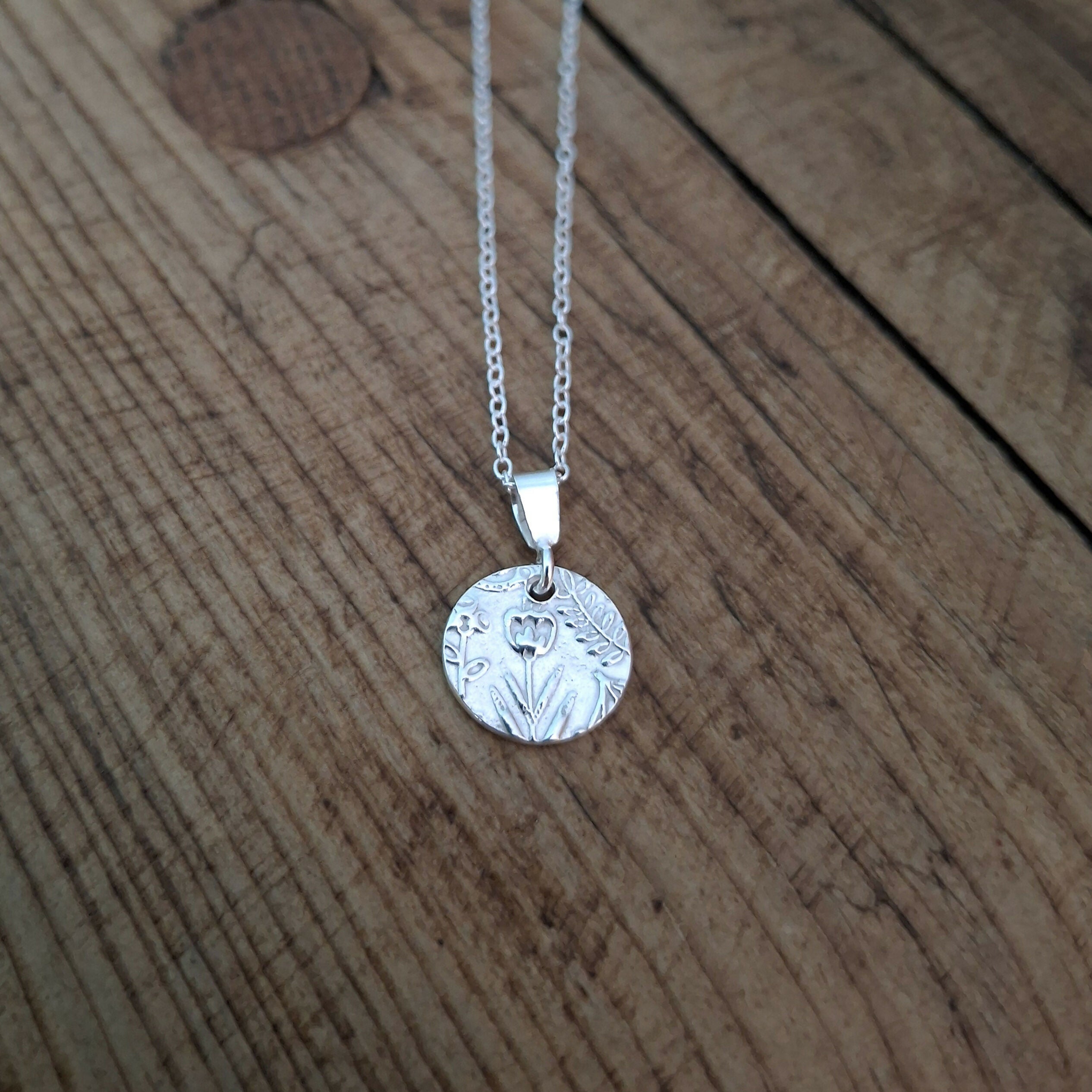Handmade Round Silver Charm Necklace Botanical Texture