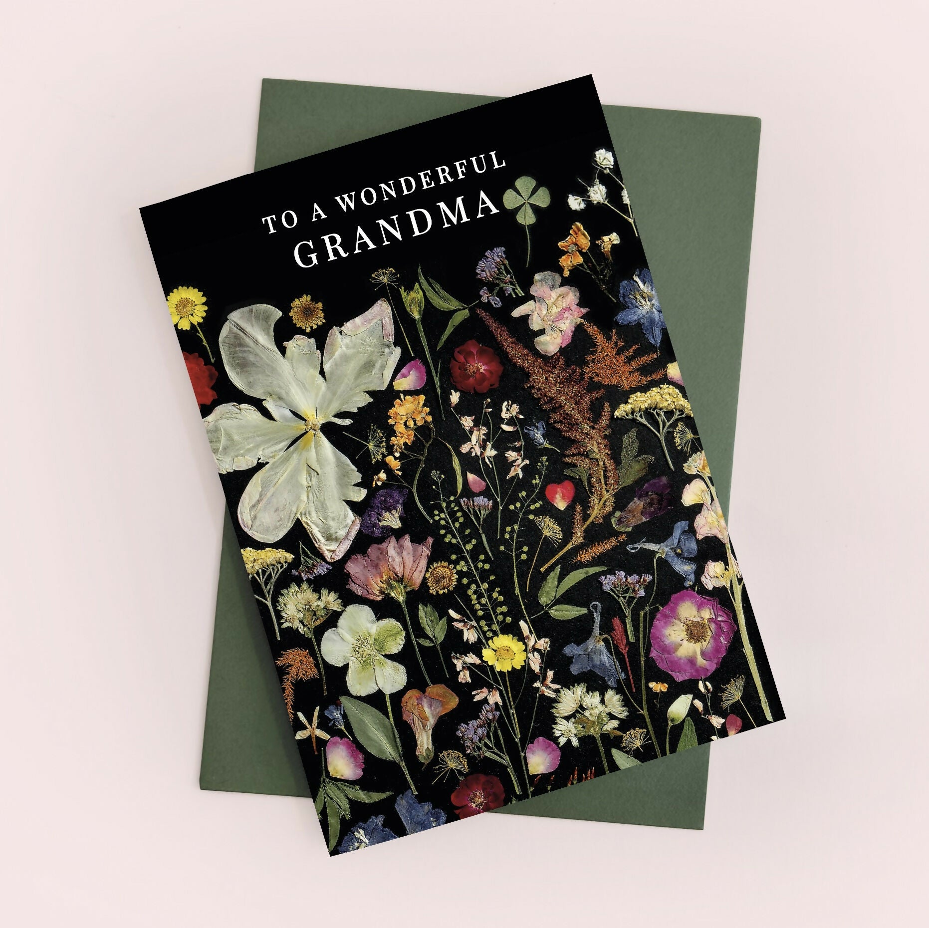 Wonderful Grandma Black Pressed Flower Print Card