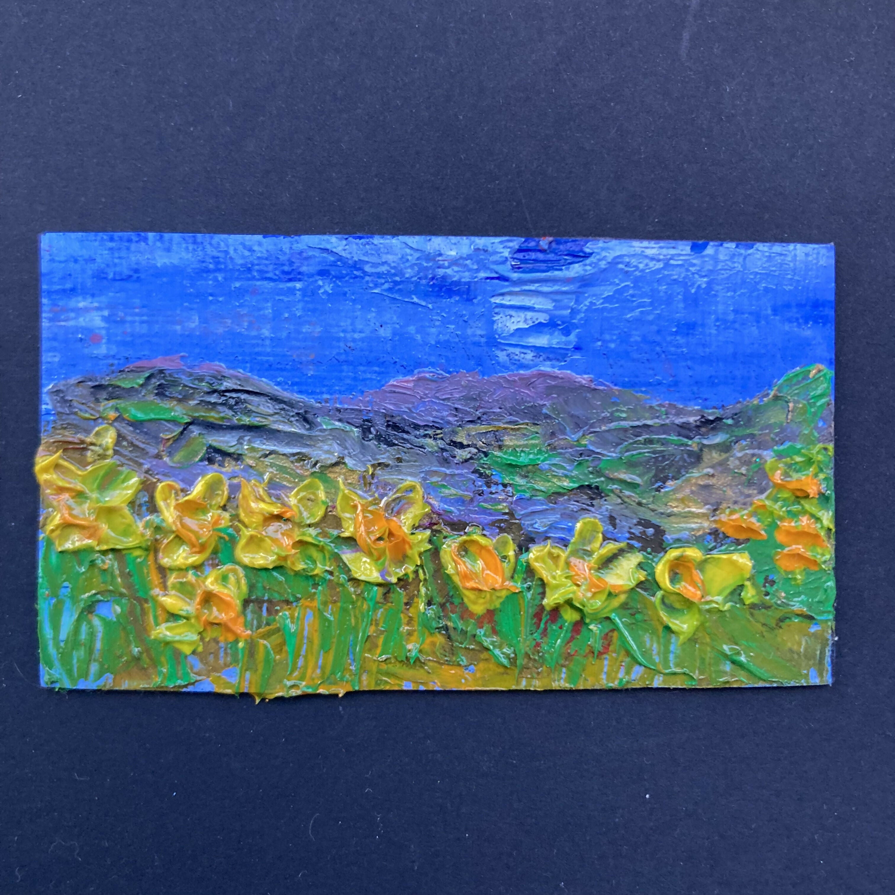 Daffodils by stone wall Mini Oil Painting Canvas Fridge Magnet