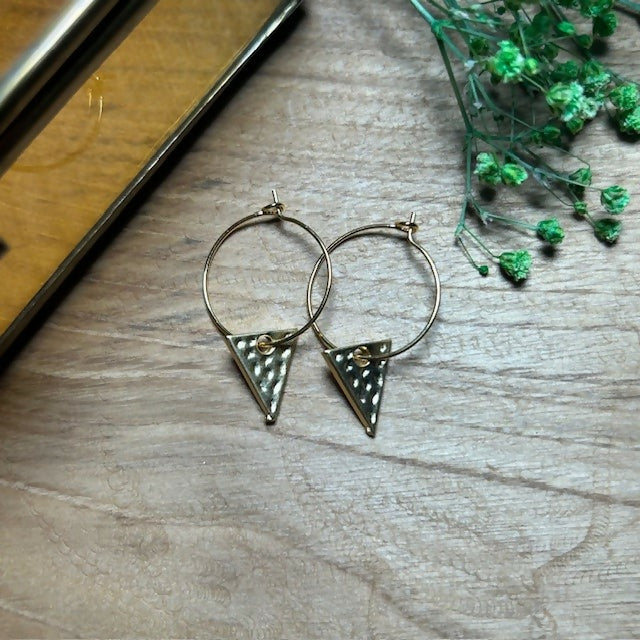 Lovely Gold Plated Hoops Featuring Small Hammered Triangle Charms