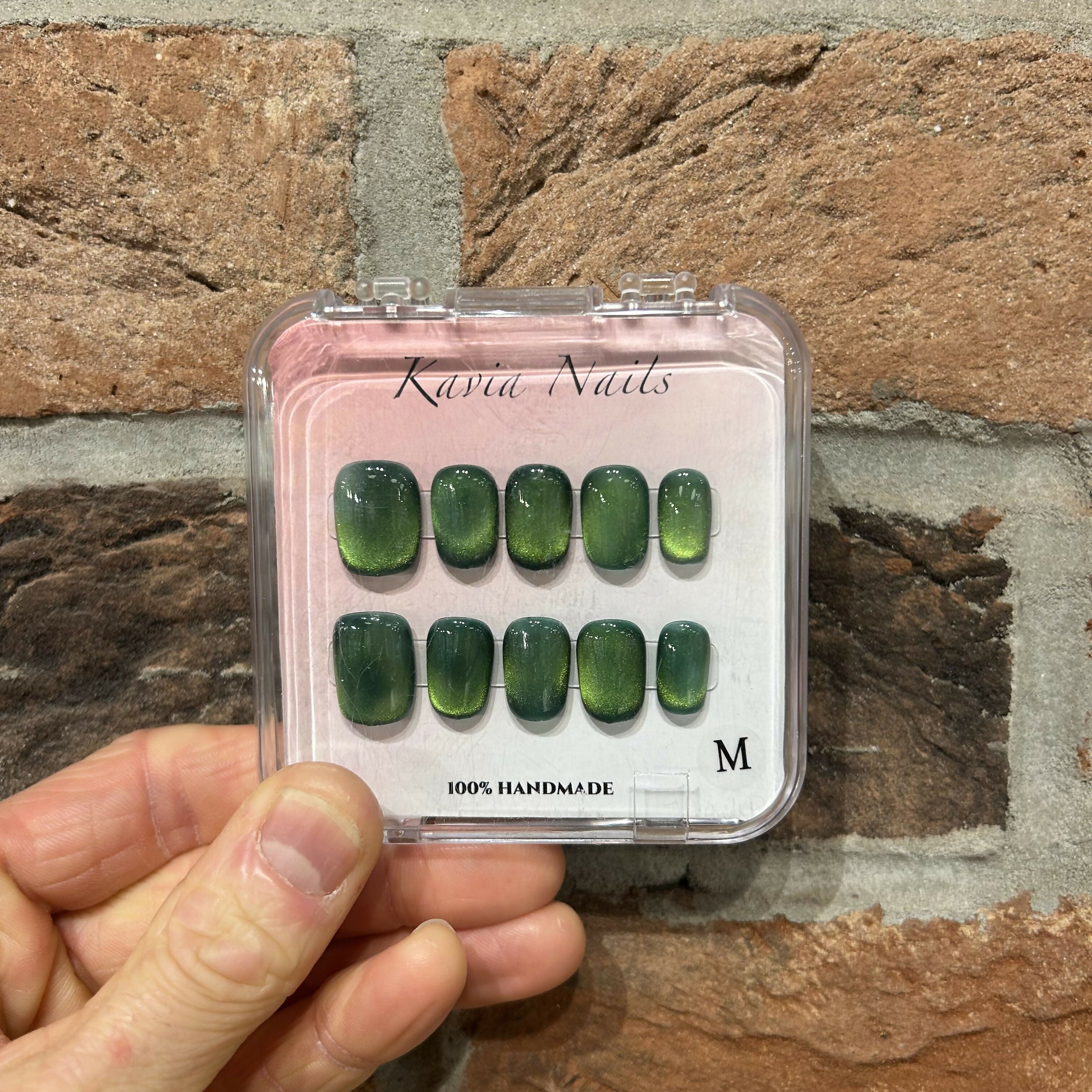 Basil Cateye - Handmade Press On Nails